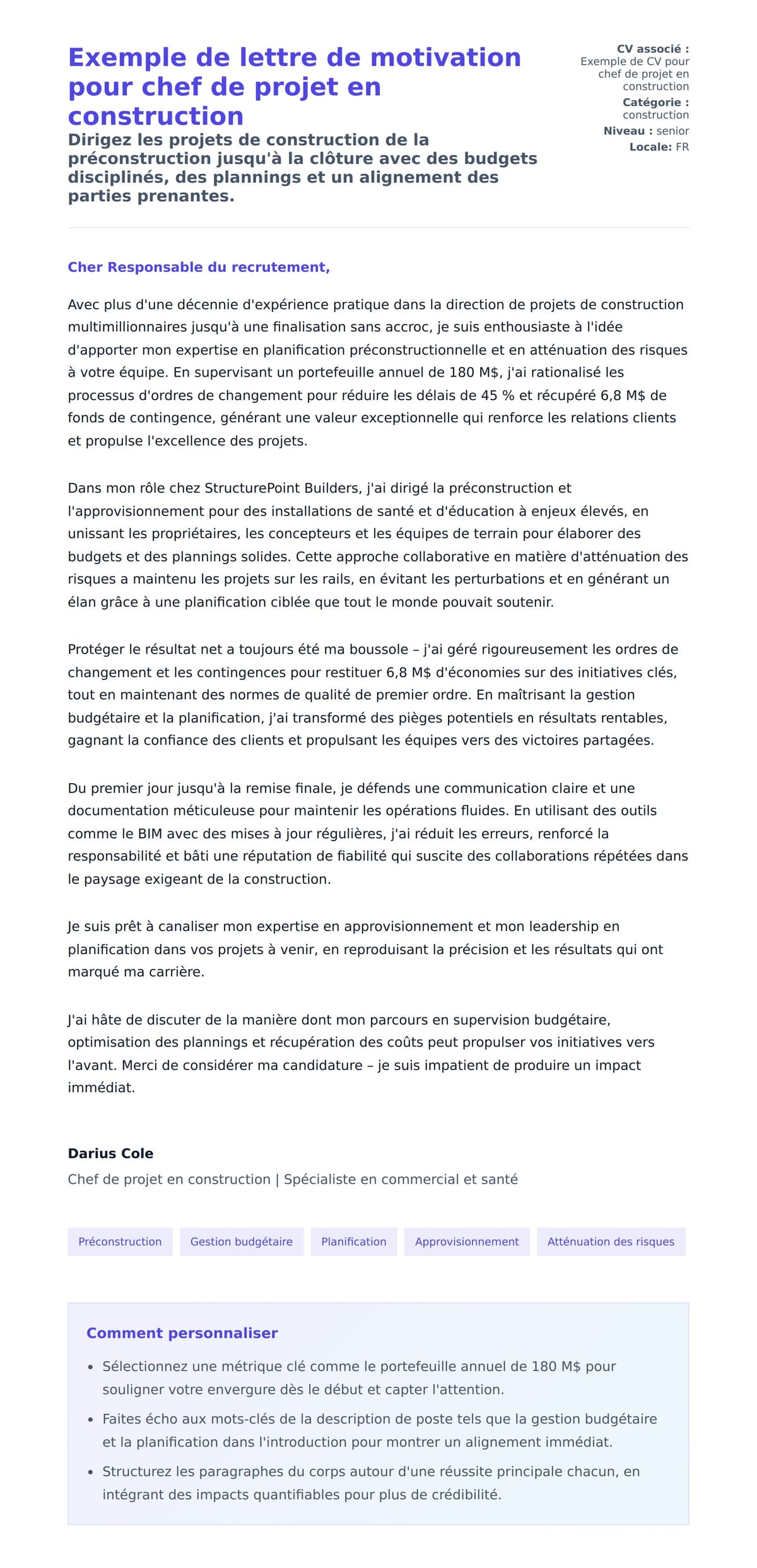 Aperçu de la lettre de motivation pour Exemple de lettre de motivation pour chef de projet en construction
