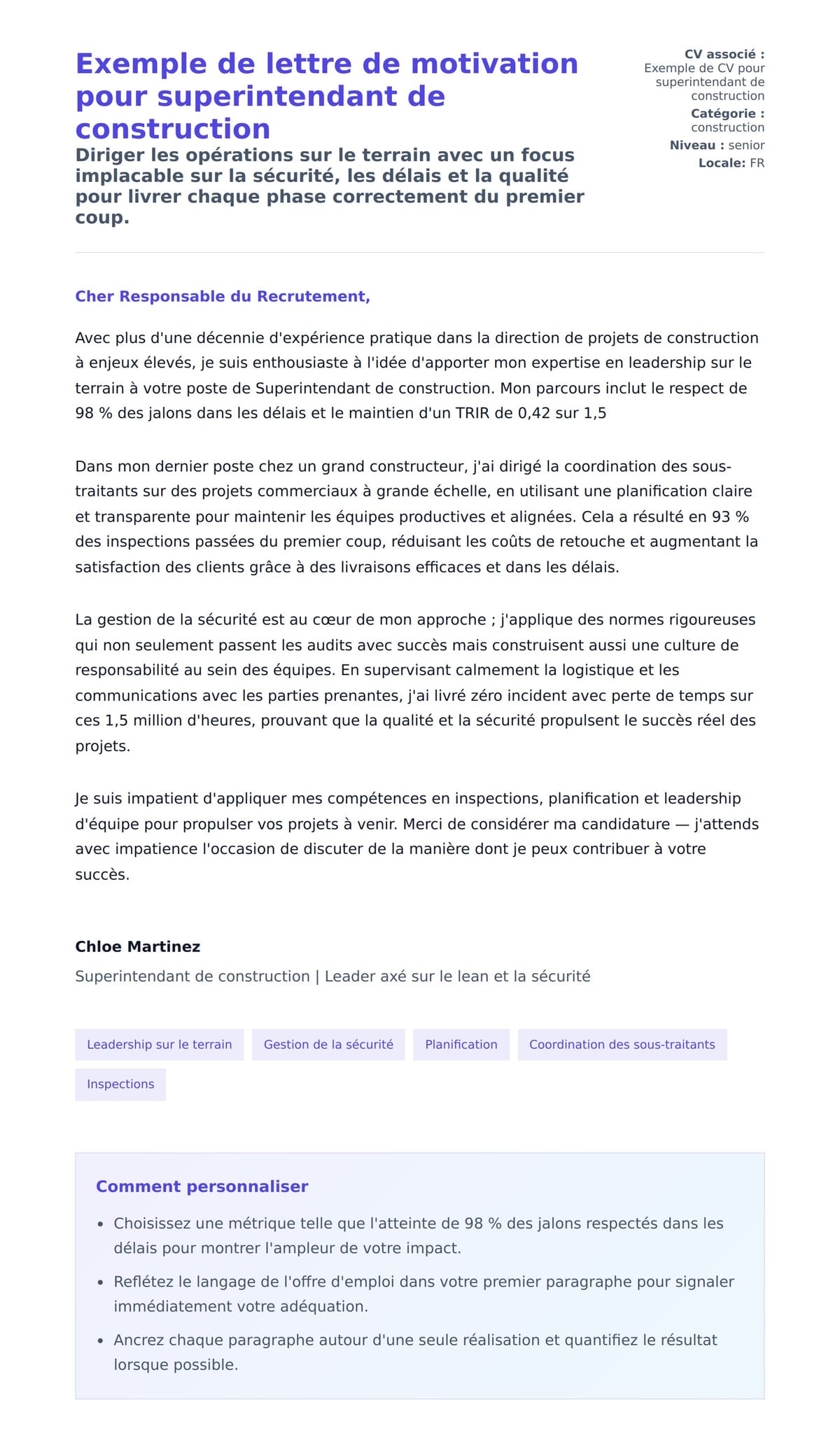 Aperçu de la lettre de motivation pour Exemple de lettre de motivation pour superintendant de construction