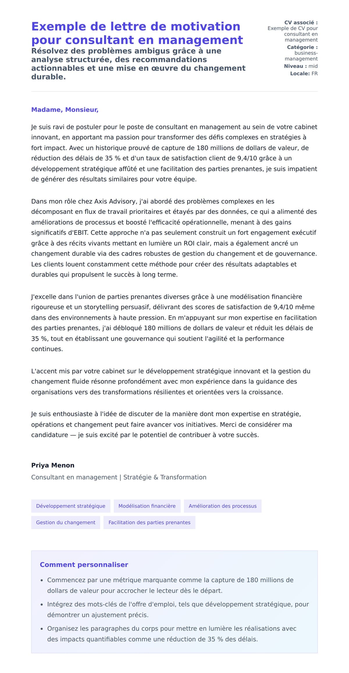 Aperçu de la lettre de motivation pour Exemple de lettre de motivation pour consultant en management