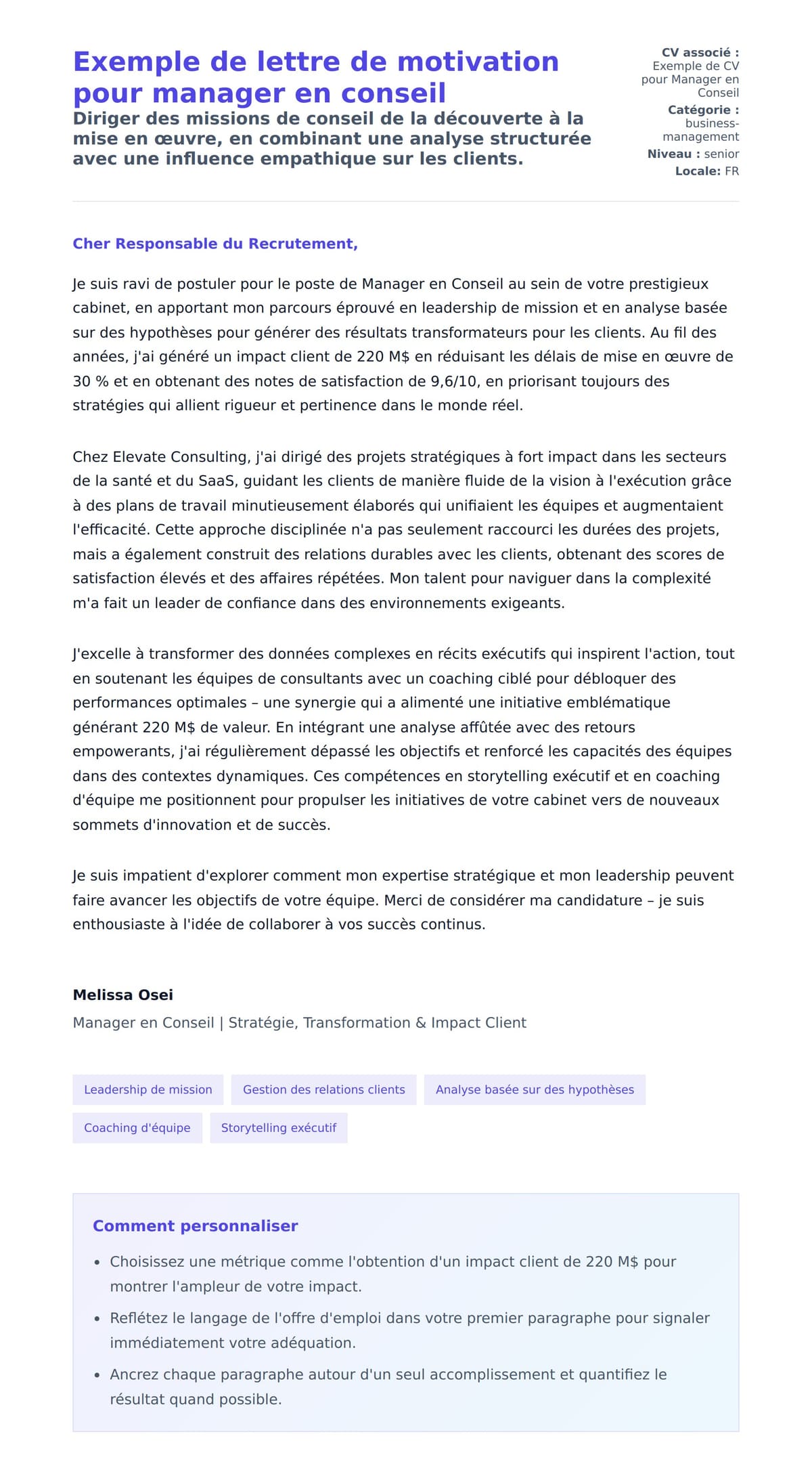 Aperçu de la lettre de motivation pour Exemple de lettre de motivation pour manager en conseil