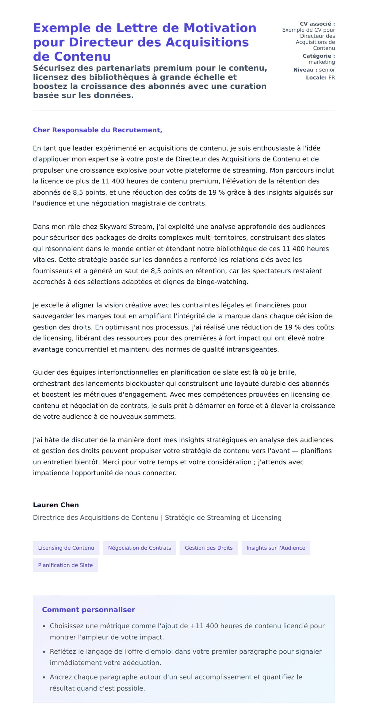 Aperçu de la lettre de motivation pour Exemple de Lettre de Motivation pour Directeur des Acquisitions de Contenu
