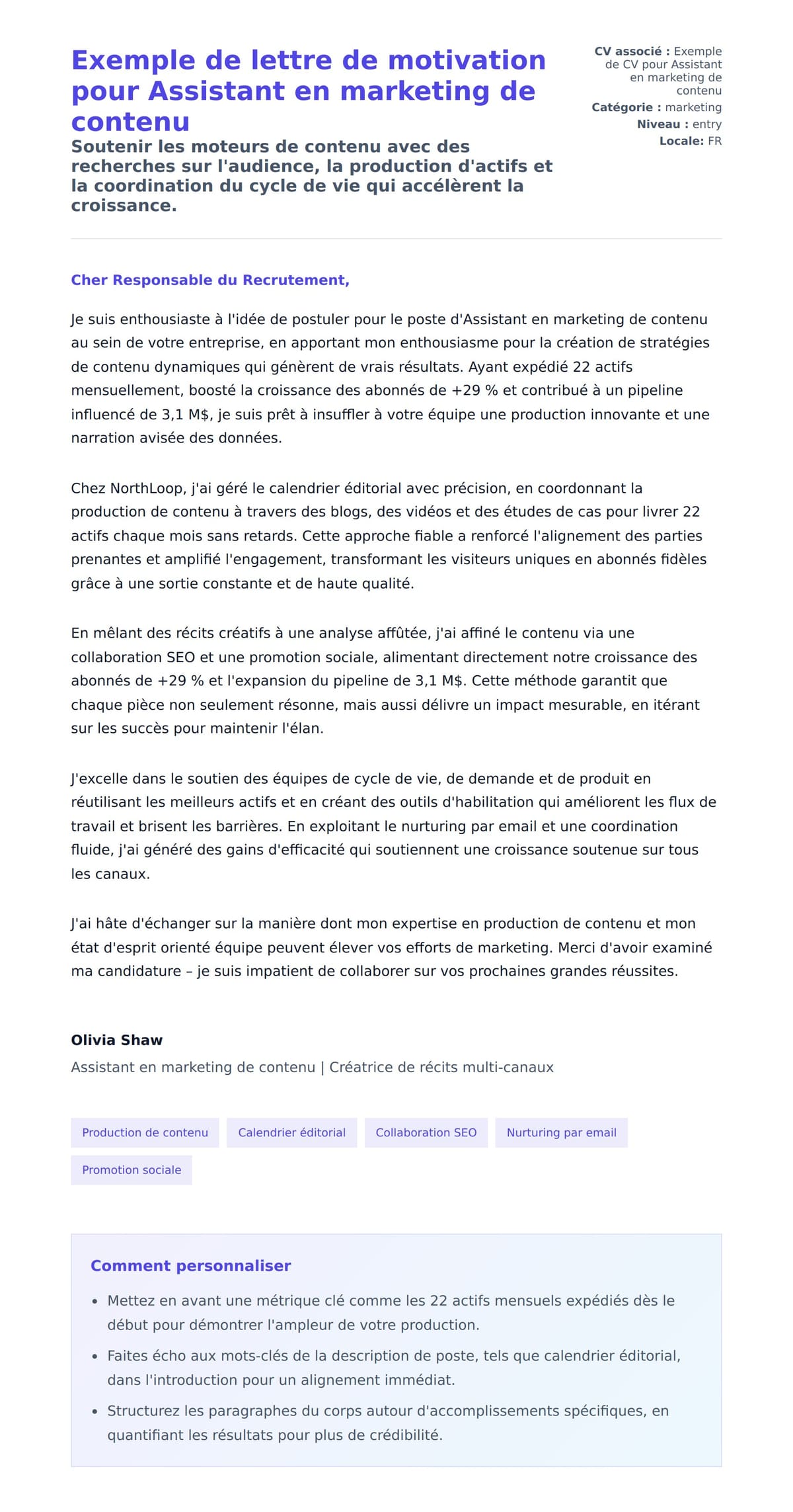 Aperçu de la lettre de motivation pour Exemple de lettre de motivation pour Assistant en marketing de contenu