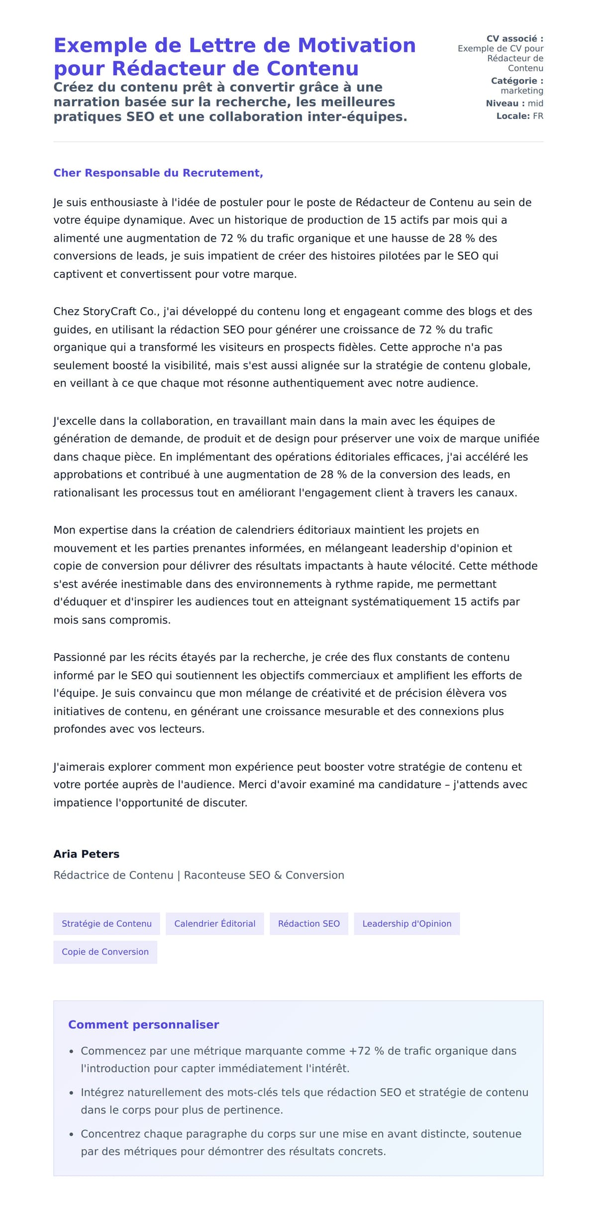 Aperçu de la lettre de motivation pour Exemple de Lettre de Motivation pour Rédacteur de Contenu