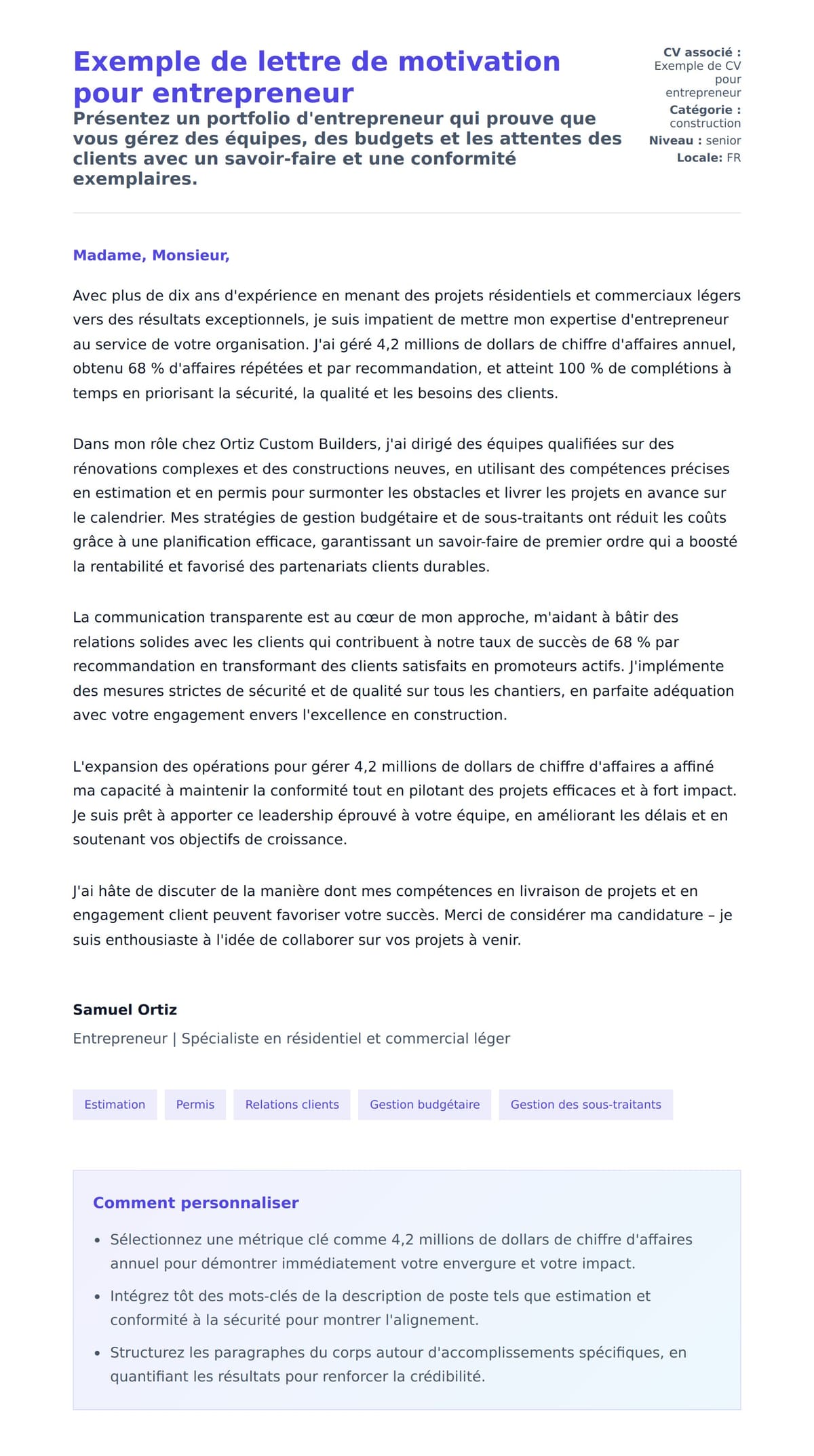 Aperçu de la lettre de motivation pour Exemple de lettre de motivation pour entrepreneur