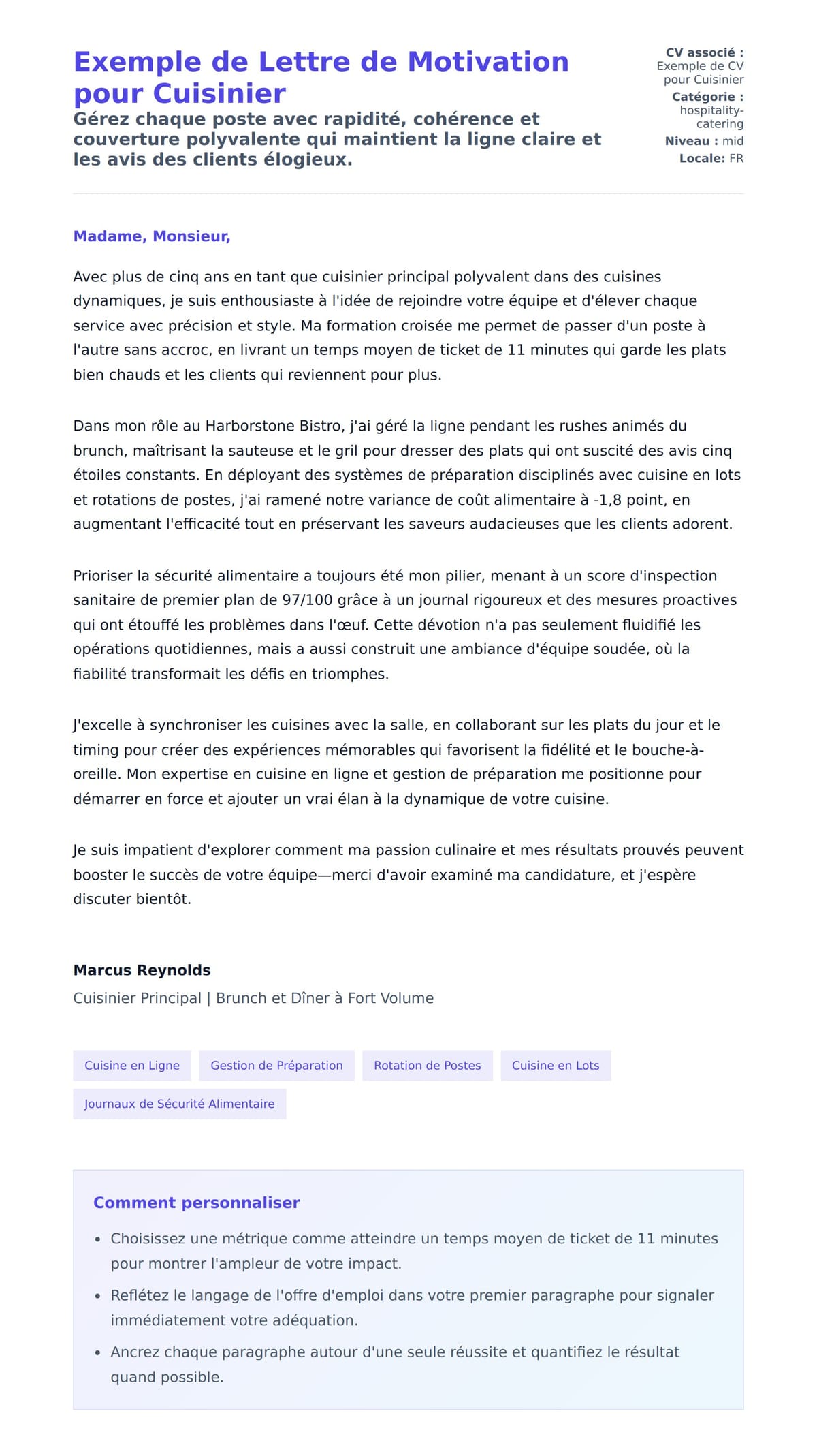Aperçu de la lettre de motivation pour Exemple de Lettre de Motivation pour Cuisinier
