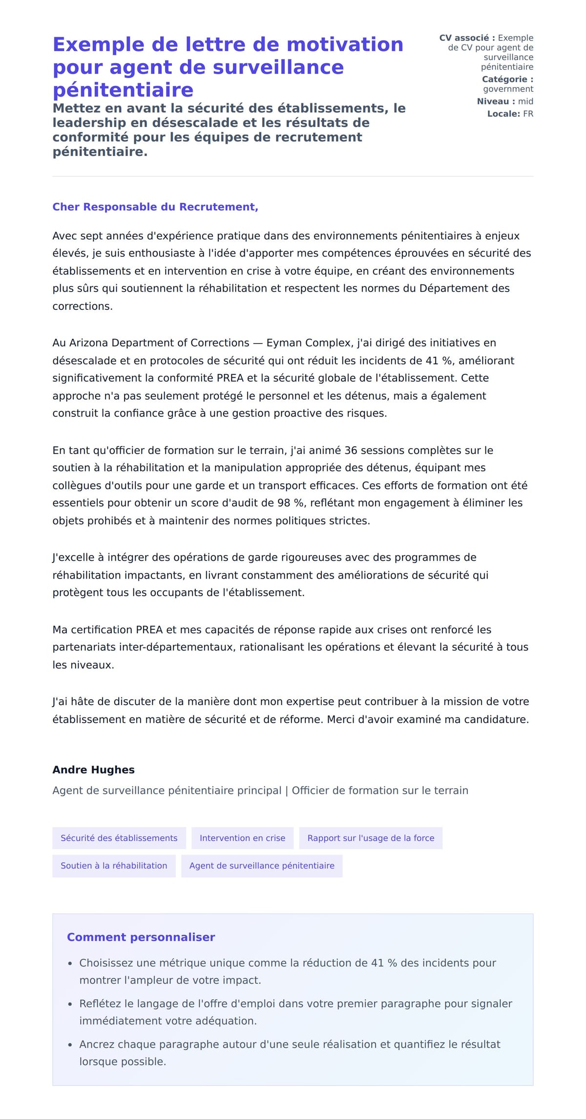 Aperçu de la lettre de motivation pour Exemple de lettre de motivation pour agent de surveillance pénitentiaire