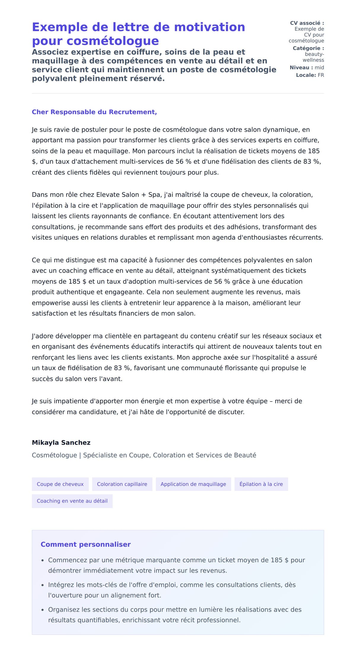 Aperçu de la lettre de motivation pour Exemple de lettre de motivation pour cosmétologue