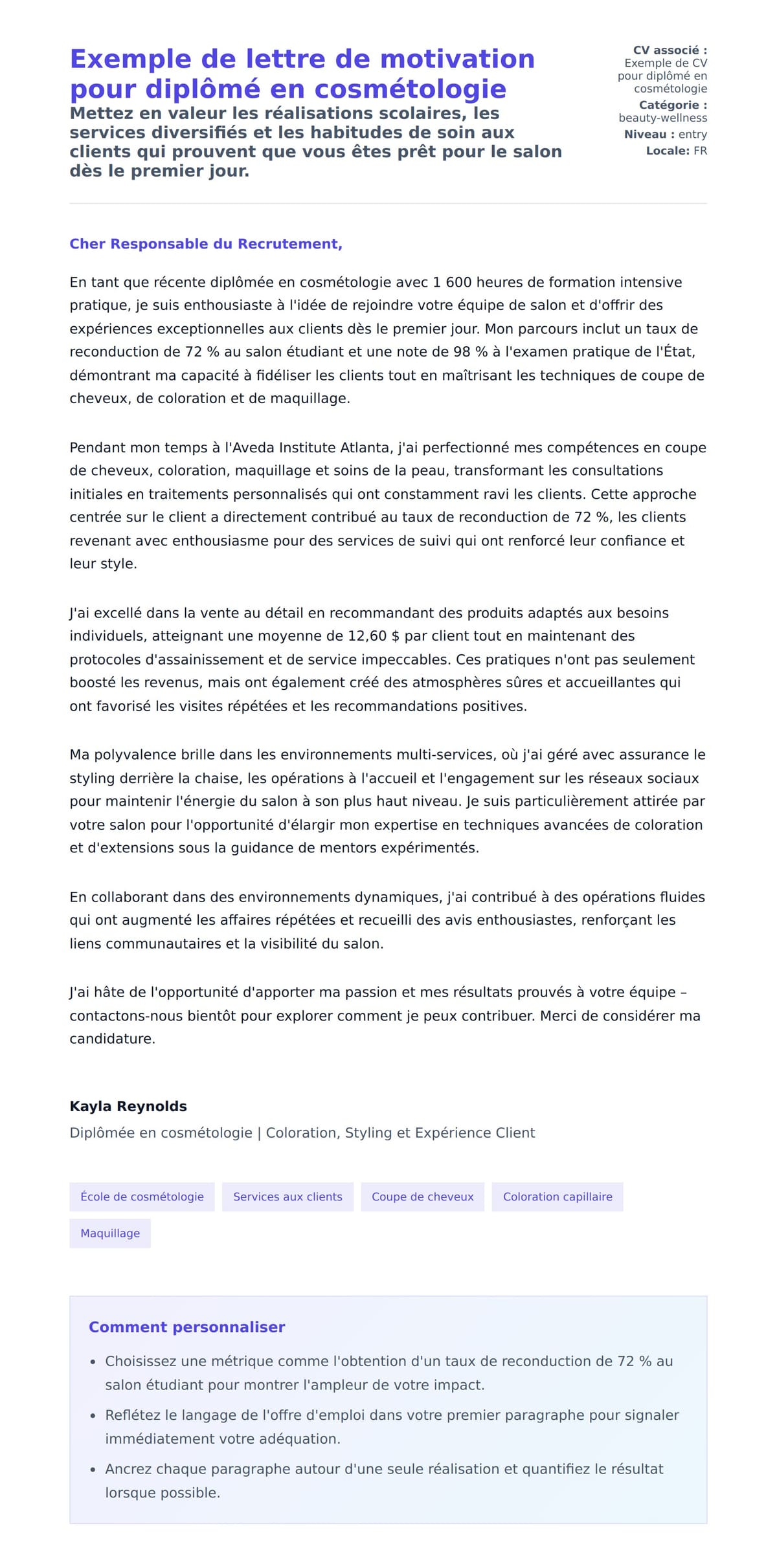 Aperçu de la lettre de motivation pour Exemple de lettre de motivation pour diplômé en cosmétologie
