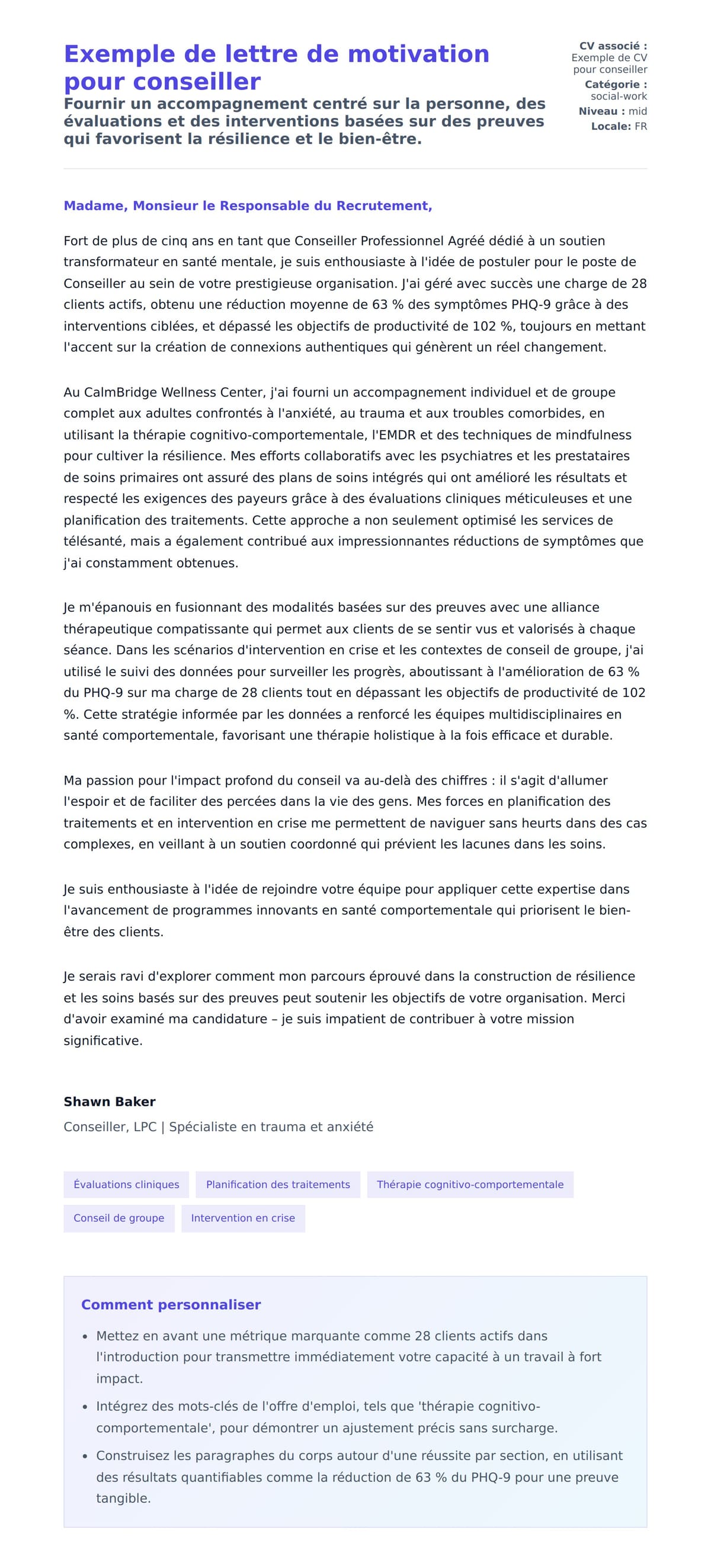 Aperçu de la lettre de motivation pour Exemple de lettre de motivation pour conseiller