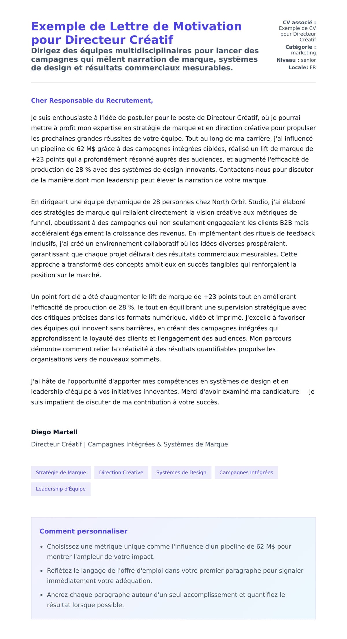 Aperçu de la lettre de motivation pour Exemple de Lettre de Motivation pour Directeur Créatif