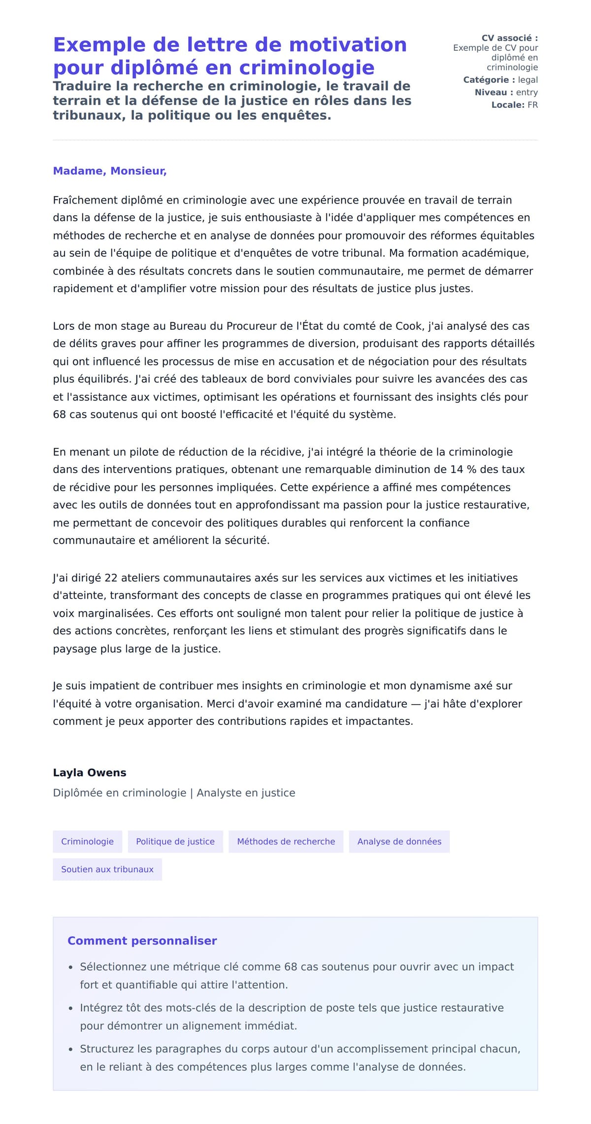 Aperçu de la lettre de motivation pour Exemple de lettre de motivation pour diplômé en criminologie