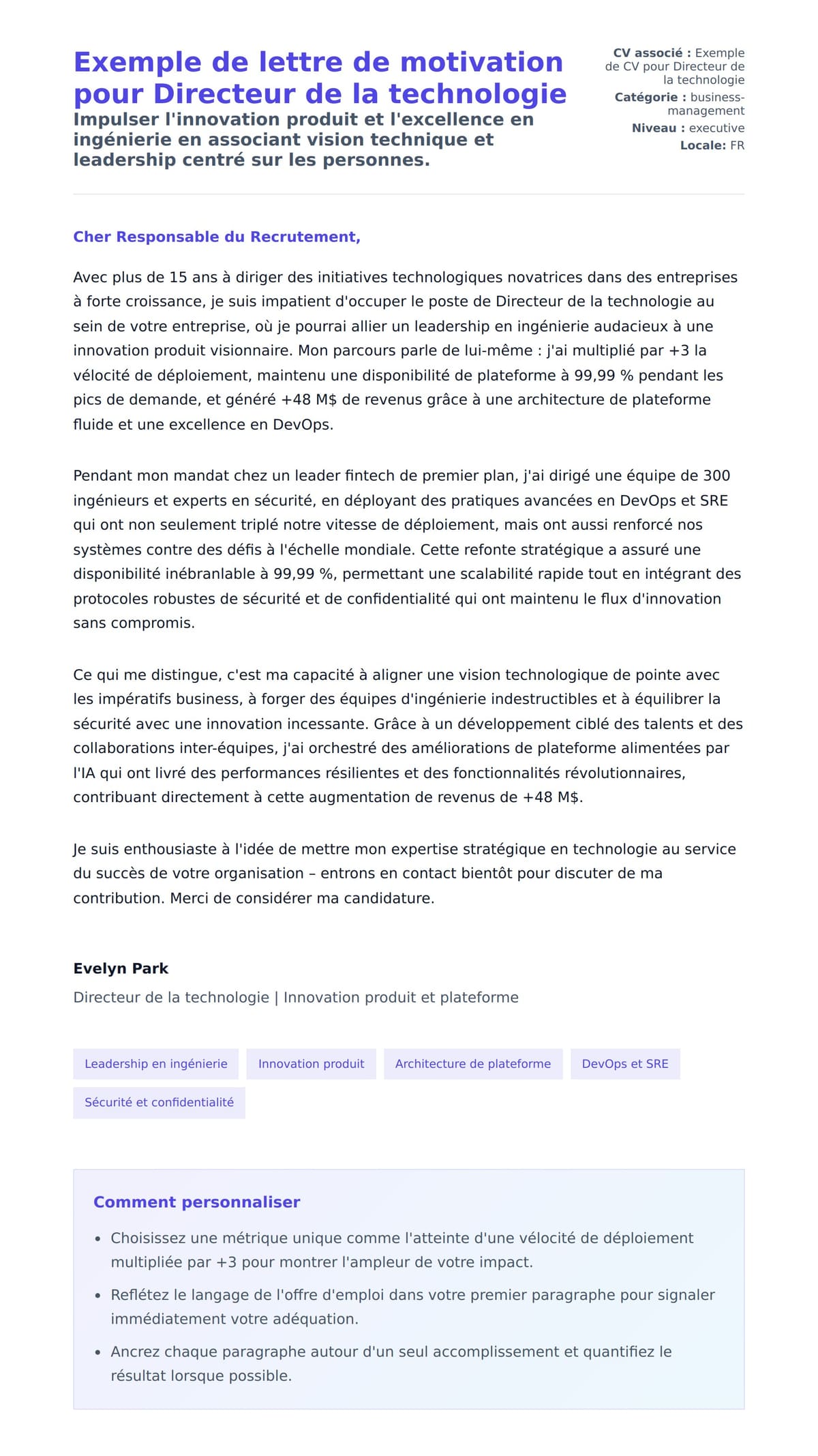 Aperçu de la lettre de motivation pour Exemple de lettre de motivation pour Directeur de la technologie
