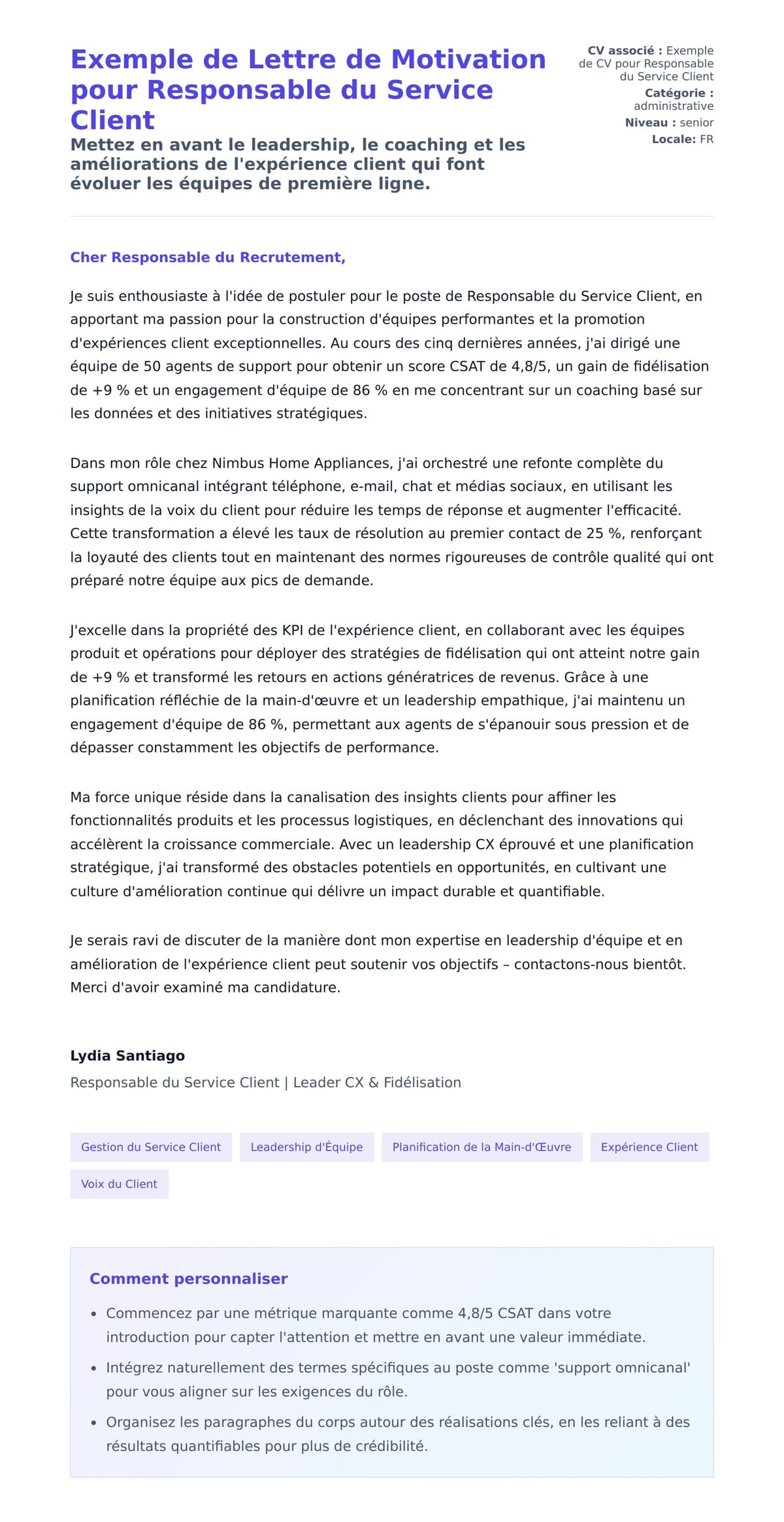 Aperçu de la lettre de motivation pour Exemple de Lettre de Motivation pour Responsable du Service Client