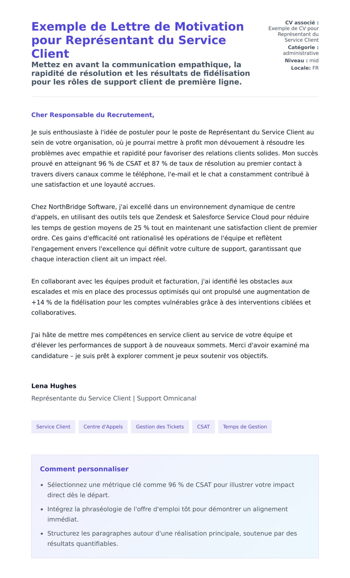 Aperçu de la lettre de motivation pour Exemple de Lettre de Motivation pour Représentant du Service Client