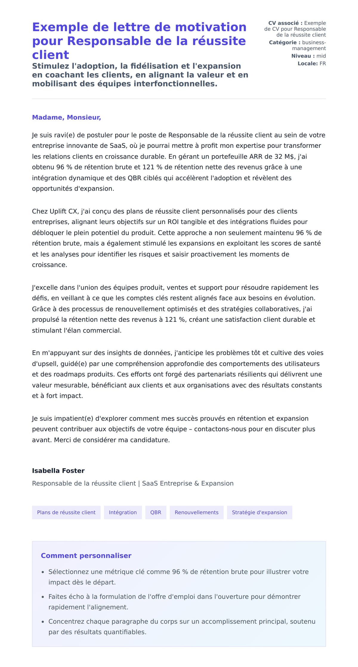Aperçu de la lettre de motivation pour Exemple de lettre de motivation pour Responsable de la réussite client