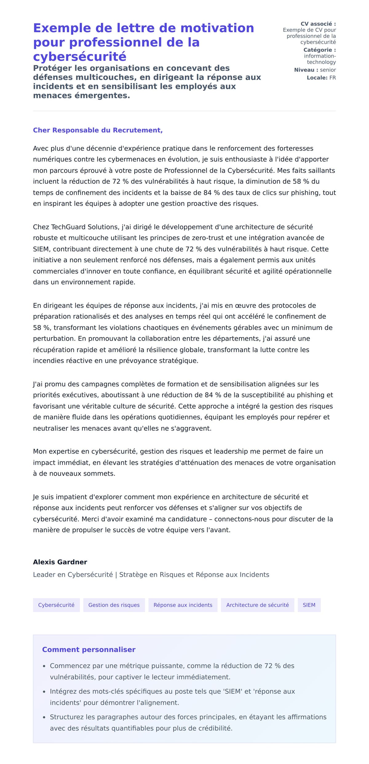 Aperçu de la lettre de motivation pour Exemple de lettre de motivation pour professionnel de la cybersécurité