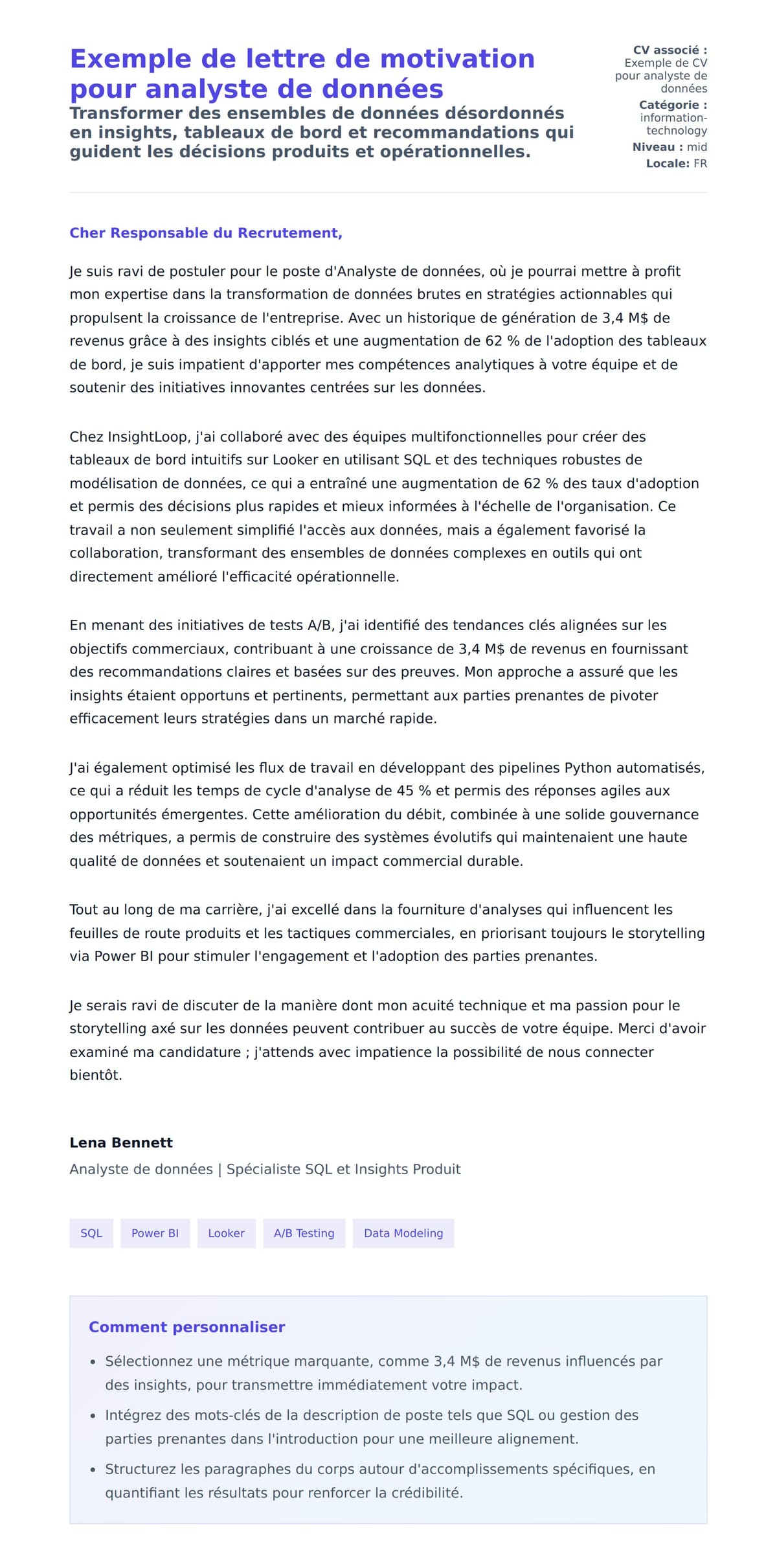 Aperçu de la lettre de motivation pour Exemple de lettre de motivation pour analyste de données