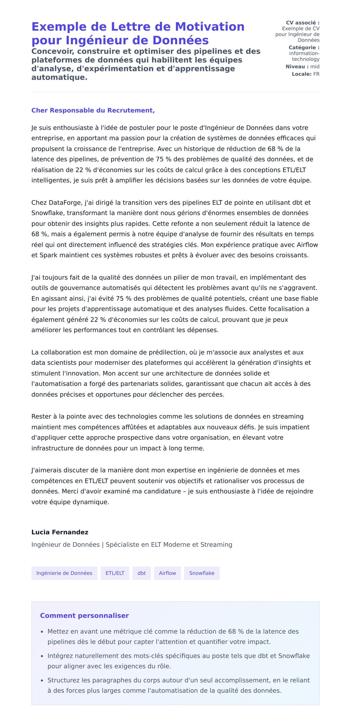 Aperçu de la lettre de motivation pour Exemple de Lettre de Motivation pour Ingénieur de Données