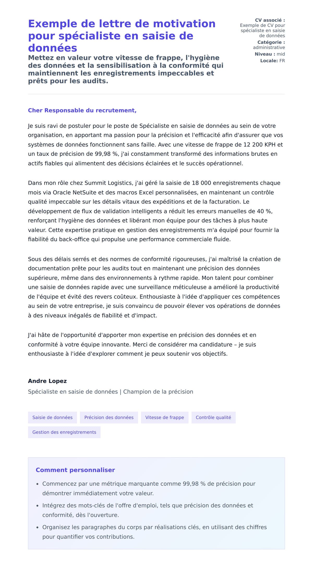 Aperçu de la lettre de motivation pour Exemple de lettre de motivation pour spécialiste en saisie de données