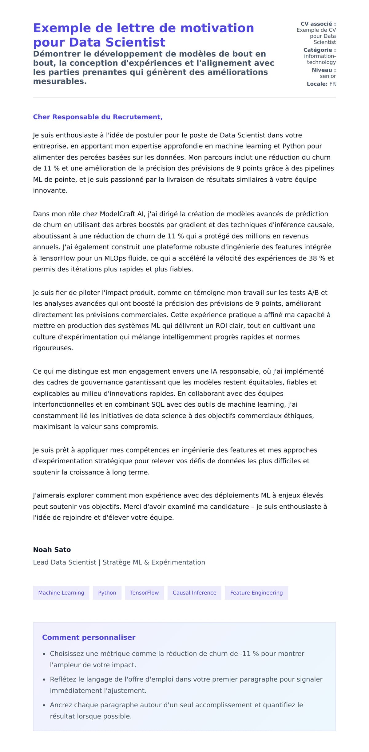 Aperçu de la lettre de motivation pour Exemple de lettre de motivation pour Data Scientist