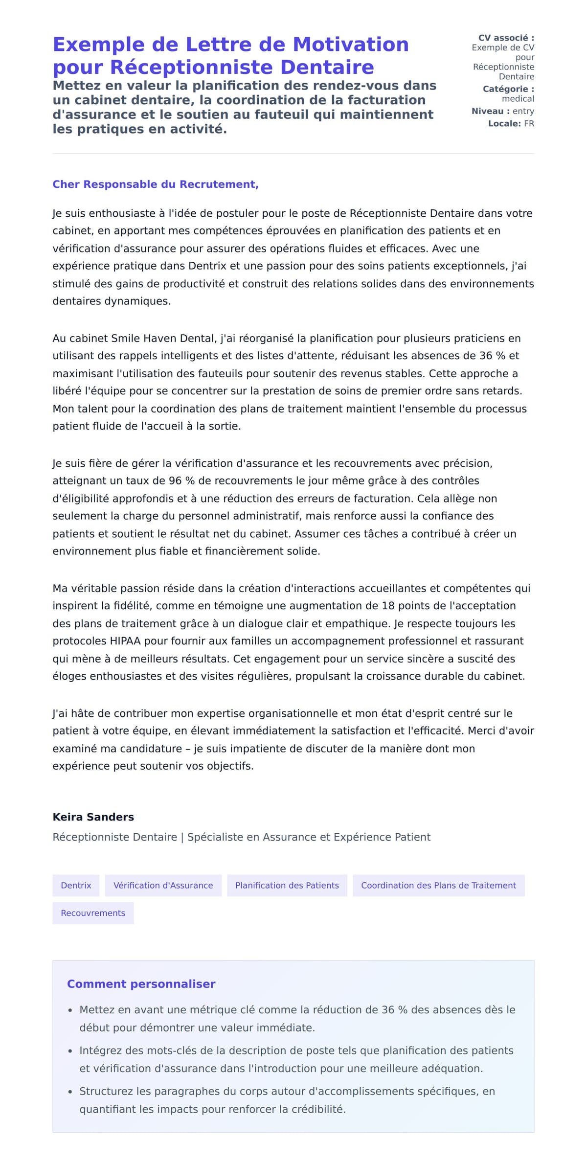 Aperçu de la lettre de motivation pour Exemple de Lettre de Motivation pour Réceptionniste Dentaire