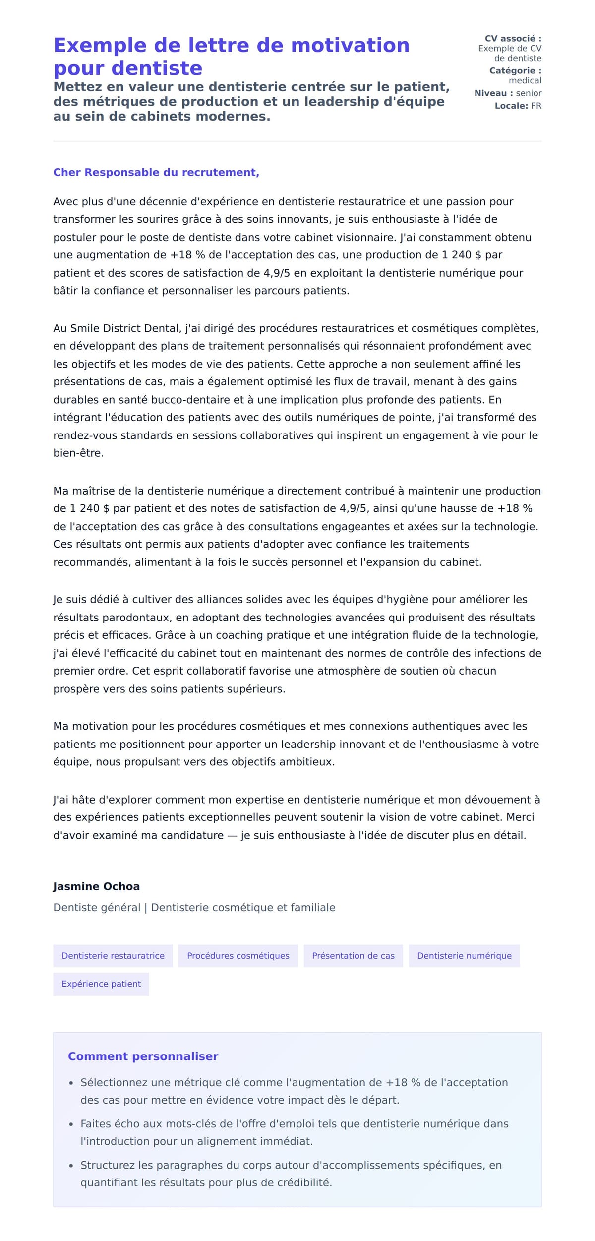 Aperçu de la lettre de motivation pour Exemple de lettre de motivation pour dentiste