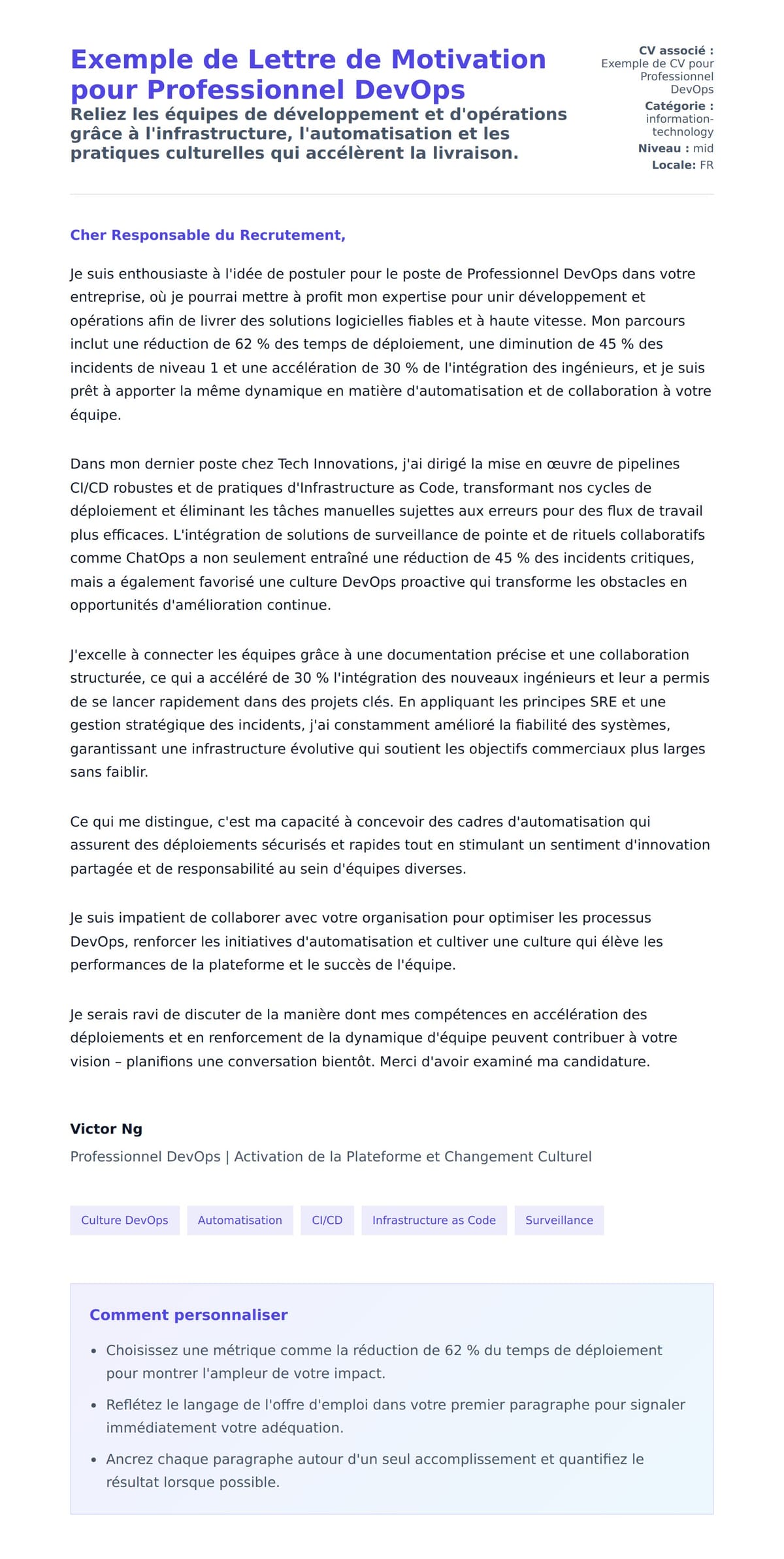 Aperçu de la lettre de motivation pour Exemple de Lettre de Motivation pour Professionnel DevOps