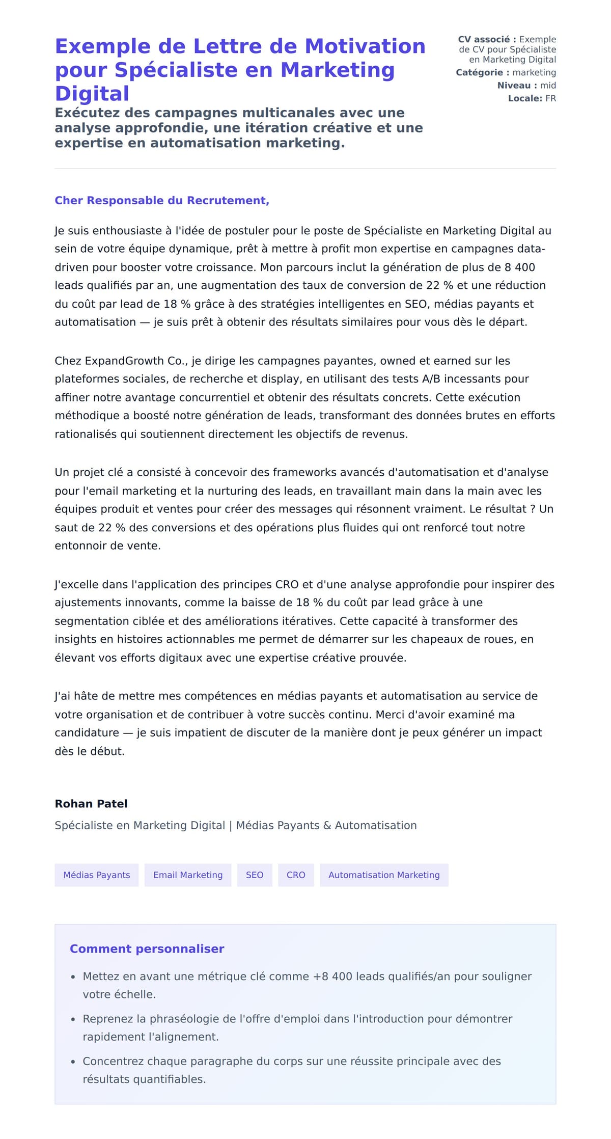Aperçu de la lettre de motivation pour Exemple de Lettre de Motivation pour Spécialiste en Marketing Digital