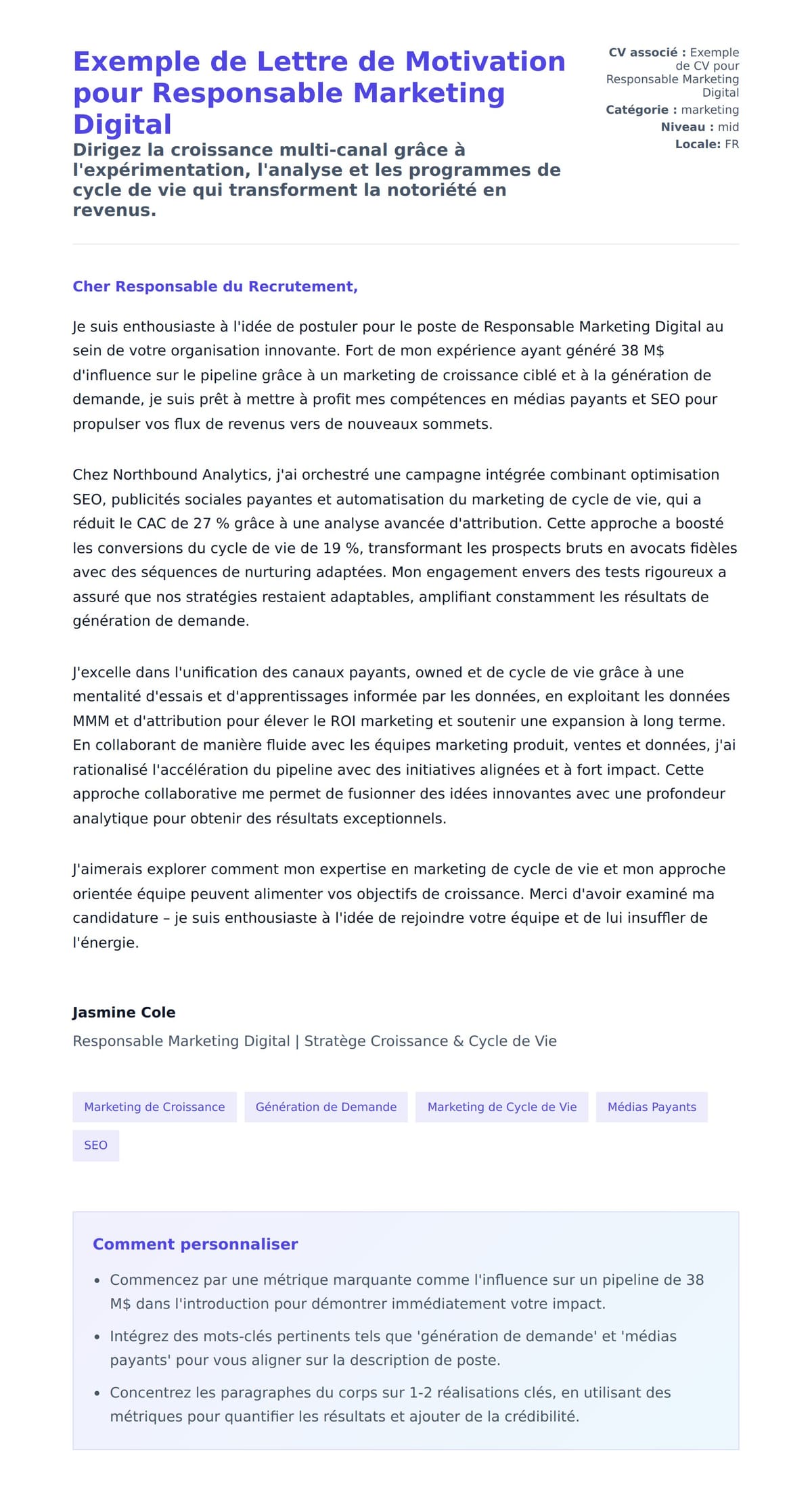 Aperçu de la lettre de motivation pour Exemple de Lettre de Motivation pour Responsable Marketing Digital