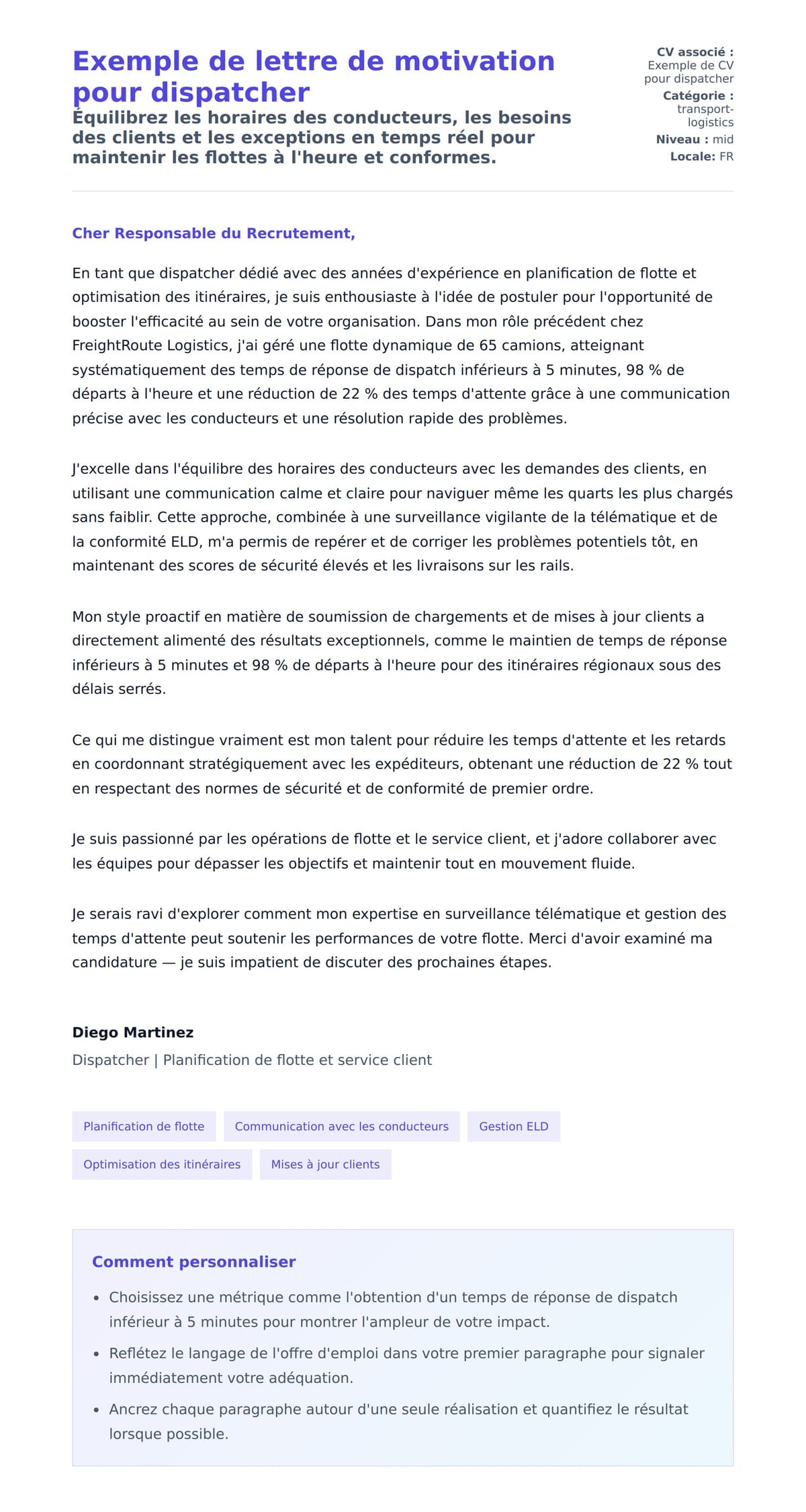 Aperçu de la lettre de motivation pour Exemple de lettre de motivation pour dispatcher