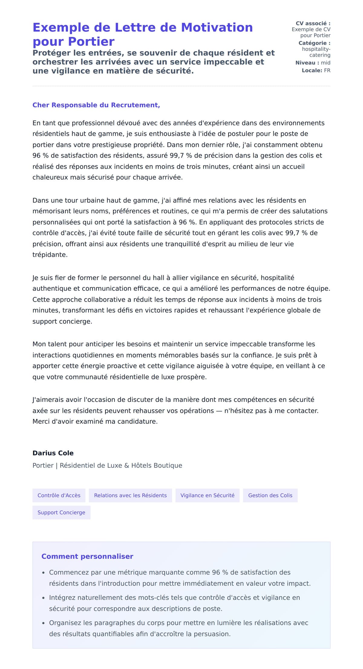 Aperçu de la lettre de motivation pour Exemple de Lettre de Motivation pour Portier