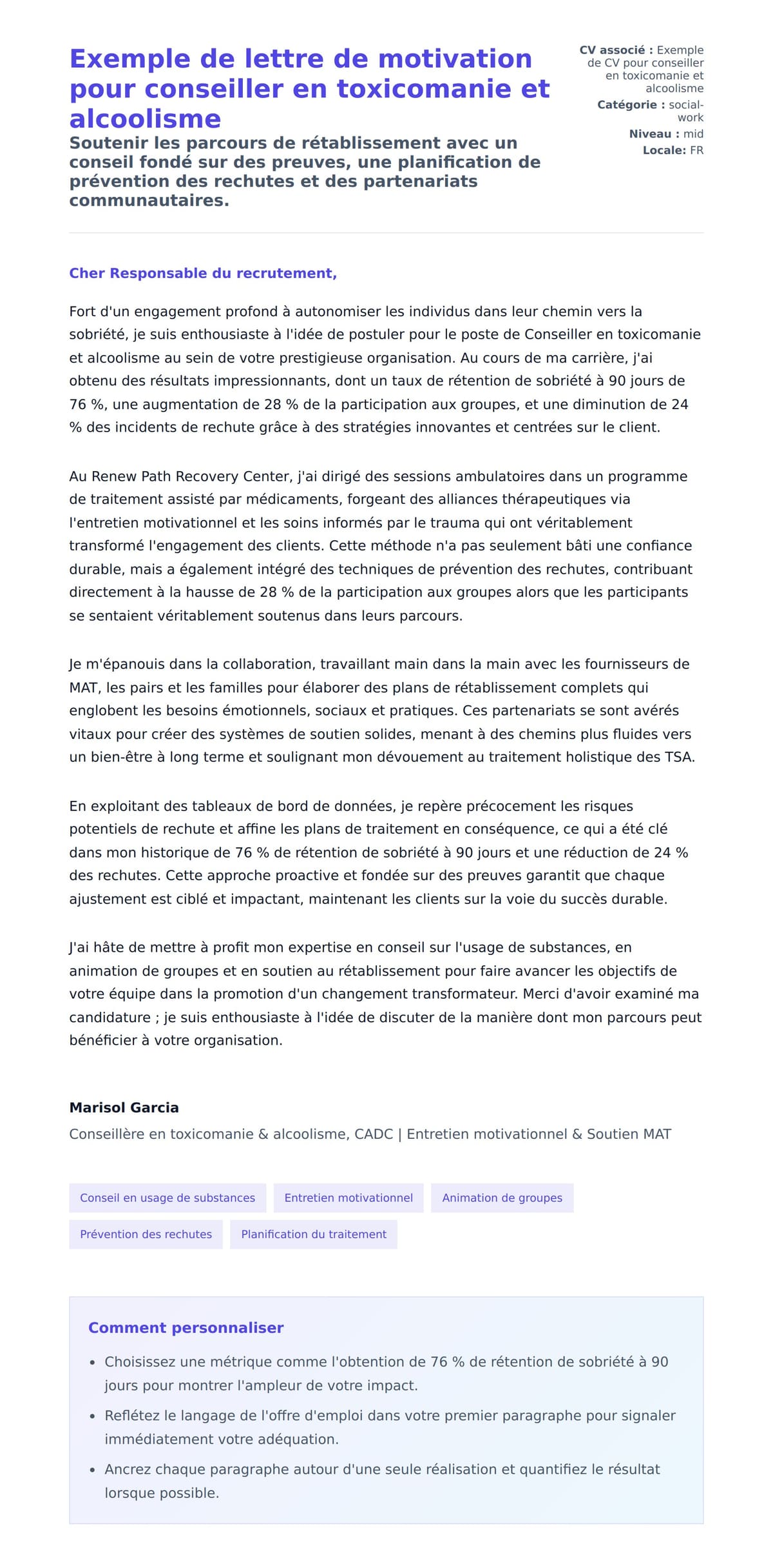 Aperçu de la lettre de motivation pour Exemple de lettre de motivation pour conseiller en toxicomanie et alcoolisme
