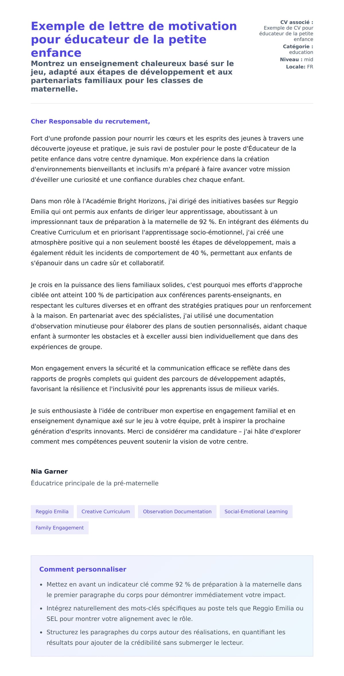 Aperçu de la lettre de motivation pour Exemple de lettre de motivation pour éducateur de la petite enfance