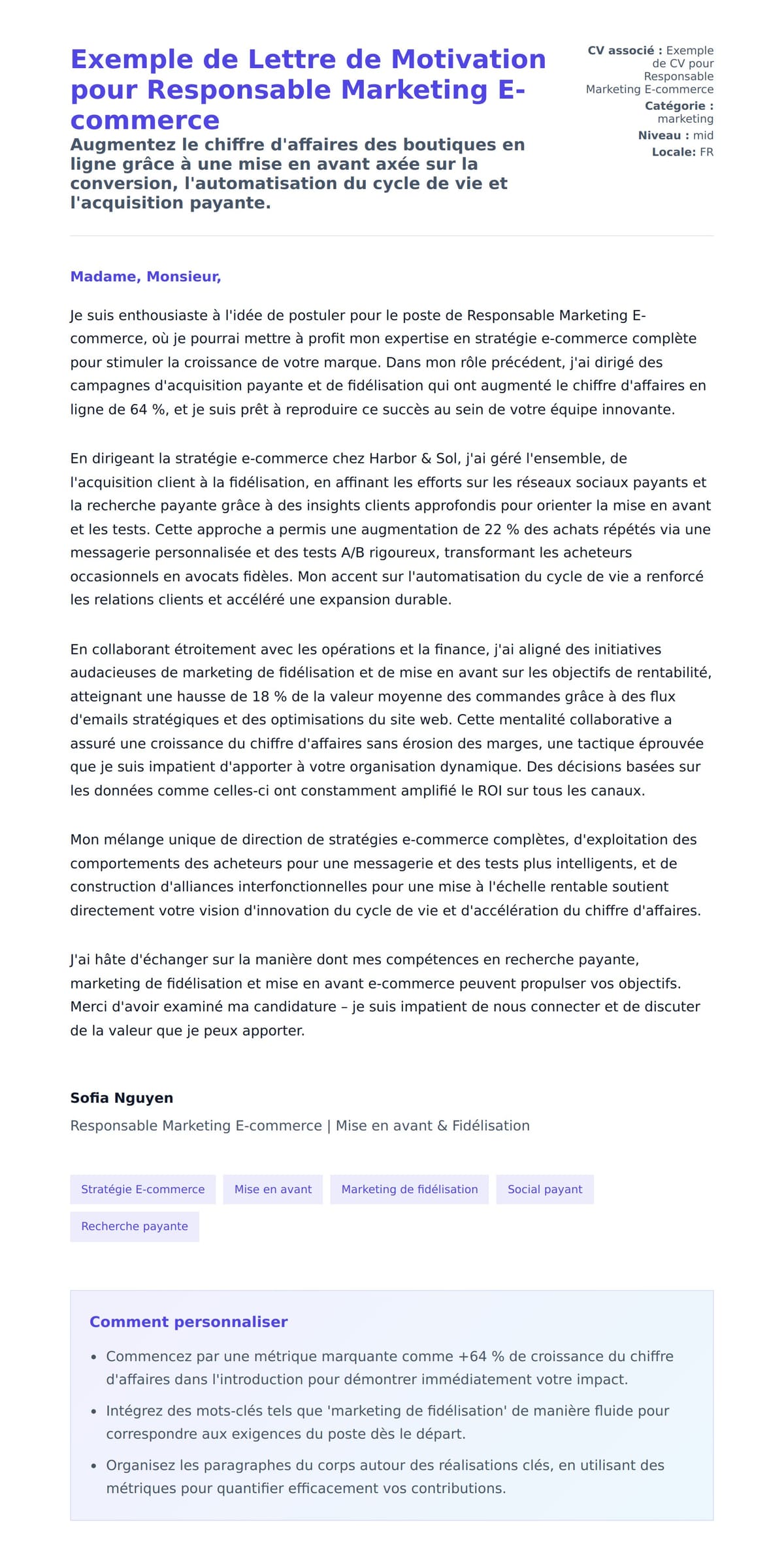 Aperçu de la lettre de motivation pour Exemple de Lettre de Motivation pour Responsable Marketing E-commerce