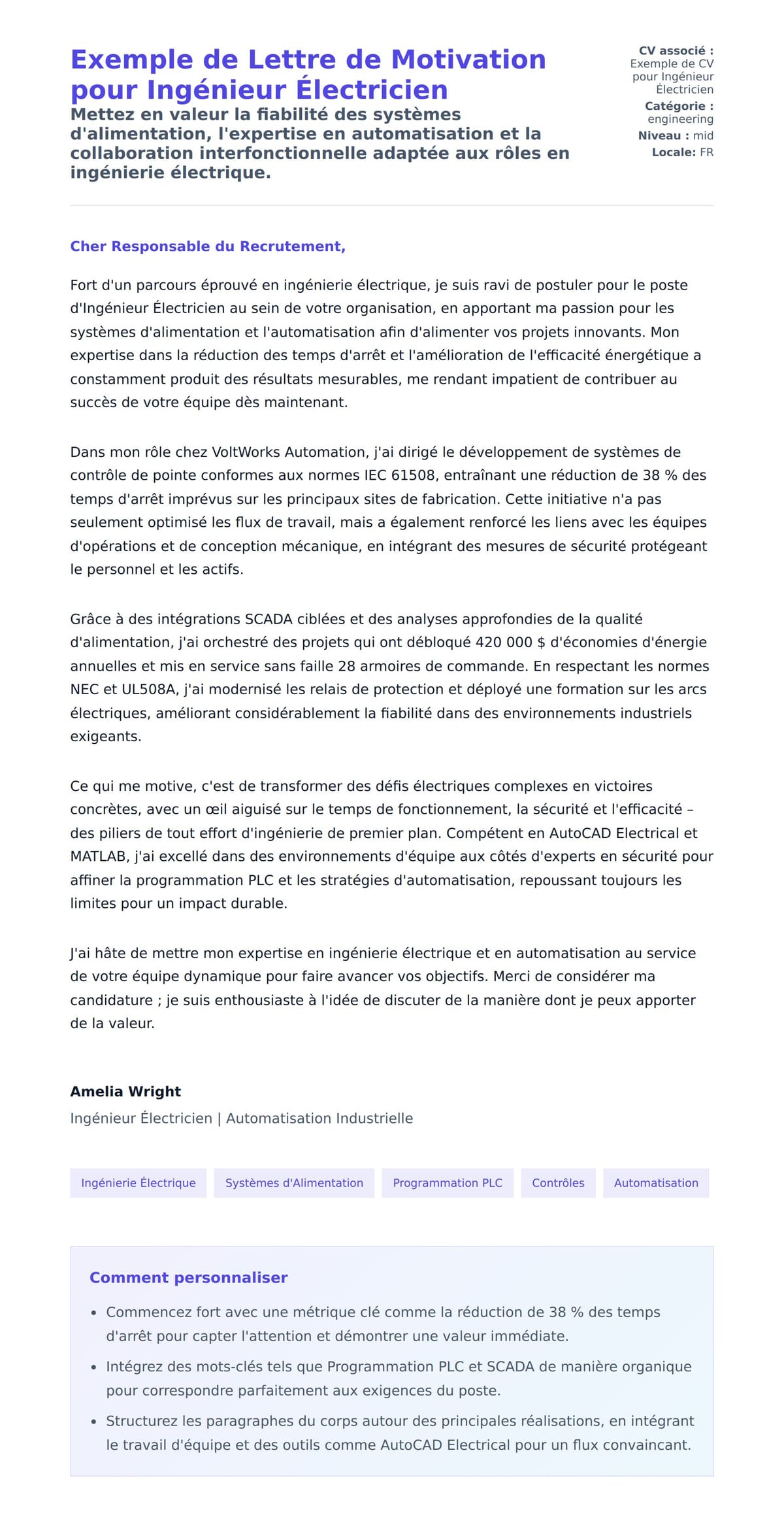 Aperçu de la lettre de motivation pour Exemple de Lettre de Motivation pour Ingénieur Électricien