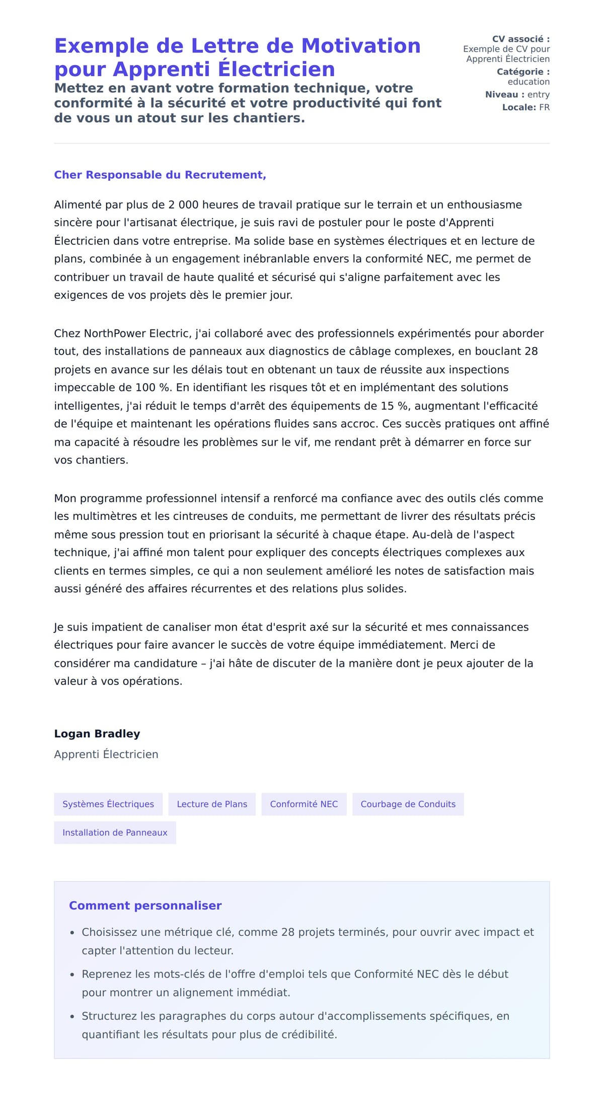 Aperçu de la lettre de motivation pour Exemple de Lettre de Motivation pour Apprenti Électricien