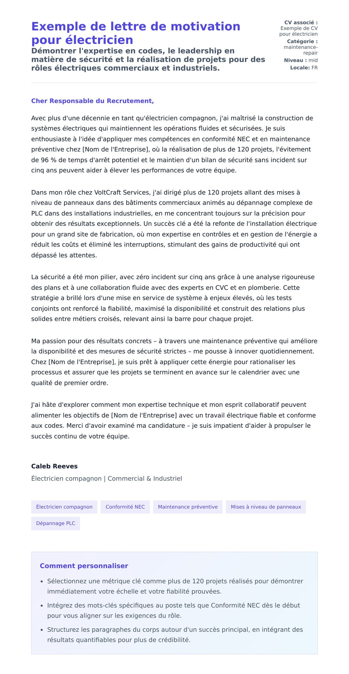 Aperçu de la lettre de motivation pour Exemple de lettre de motivation pour électricien