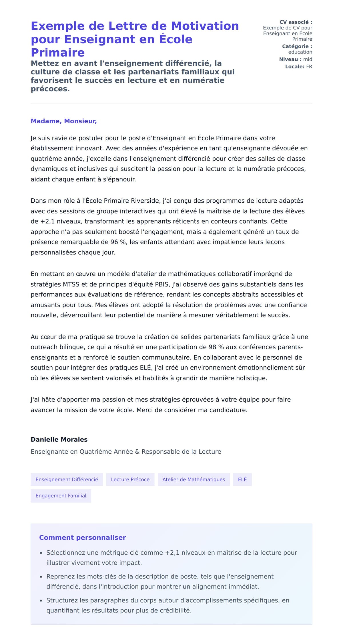 Aperçu de la lettre de motivation pour Exemple de Lettre de Motivation pour Enseignant en École Primaire