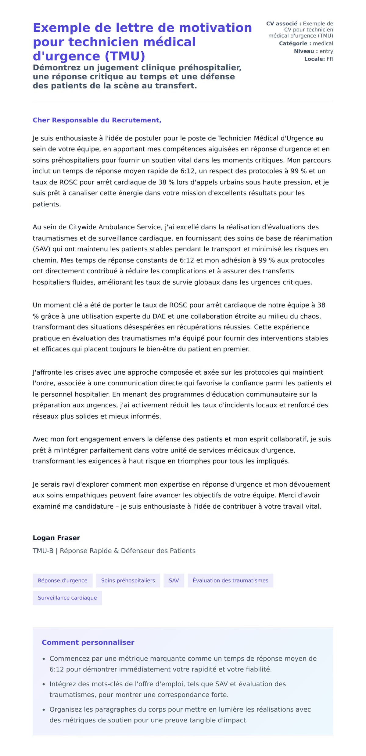Aperçu de la lettre de motivation pour Exemple de lettre de motivation pour technicien médical d'urgence (TMU)