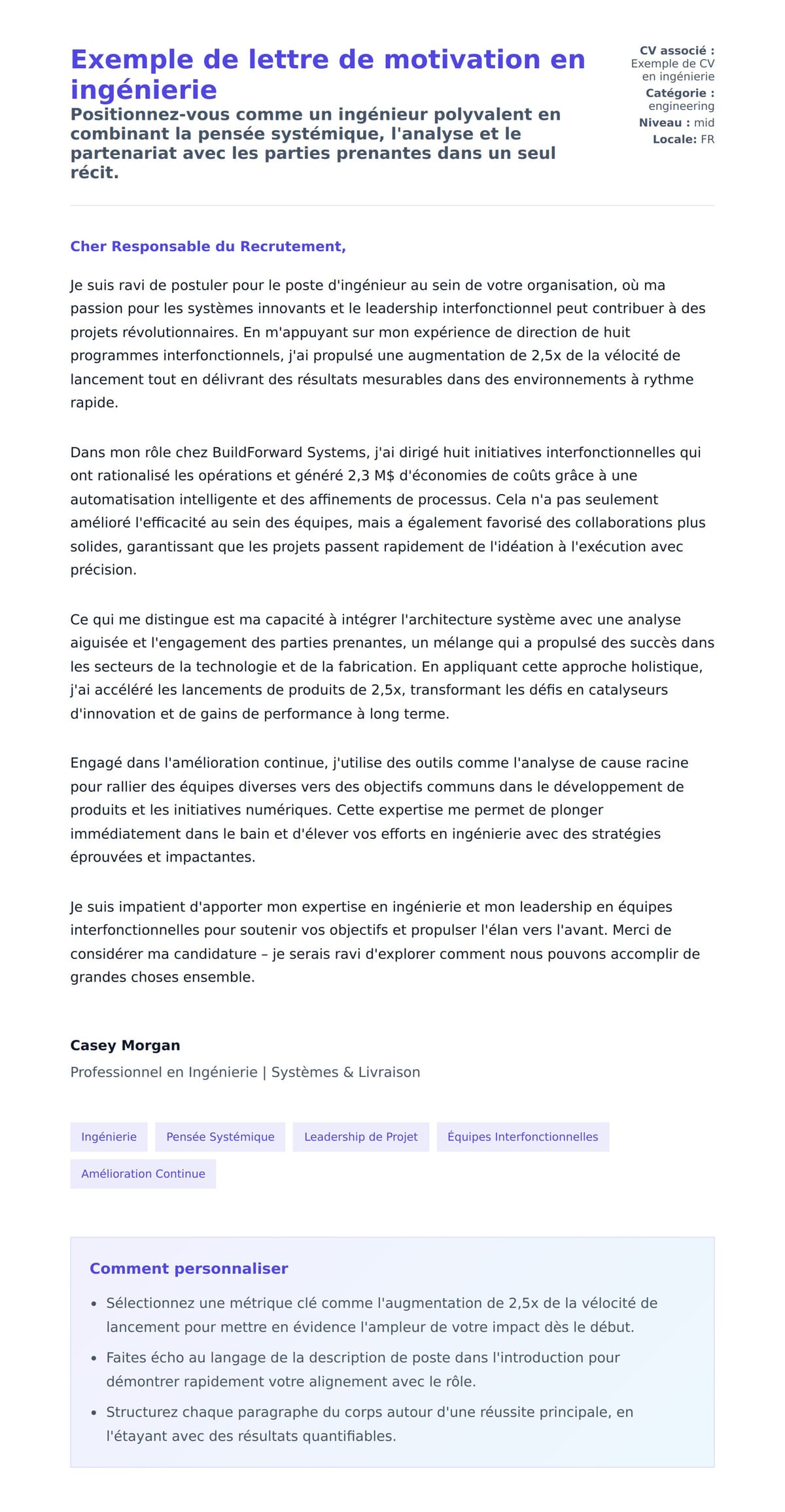 Aperçu de la lettre de motivation pour Exemple de lettre de motivation en ingénierie