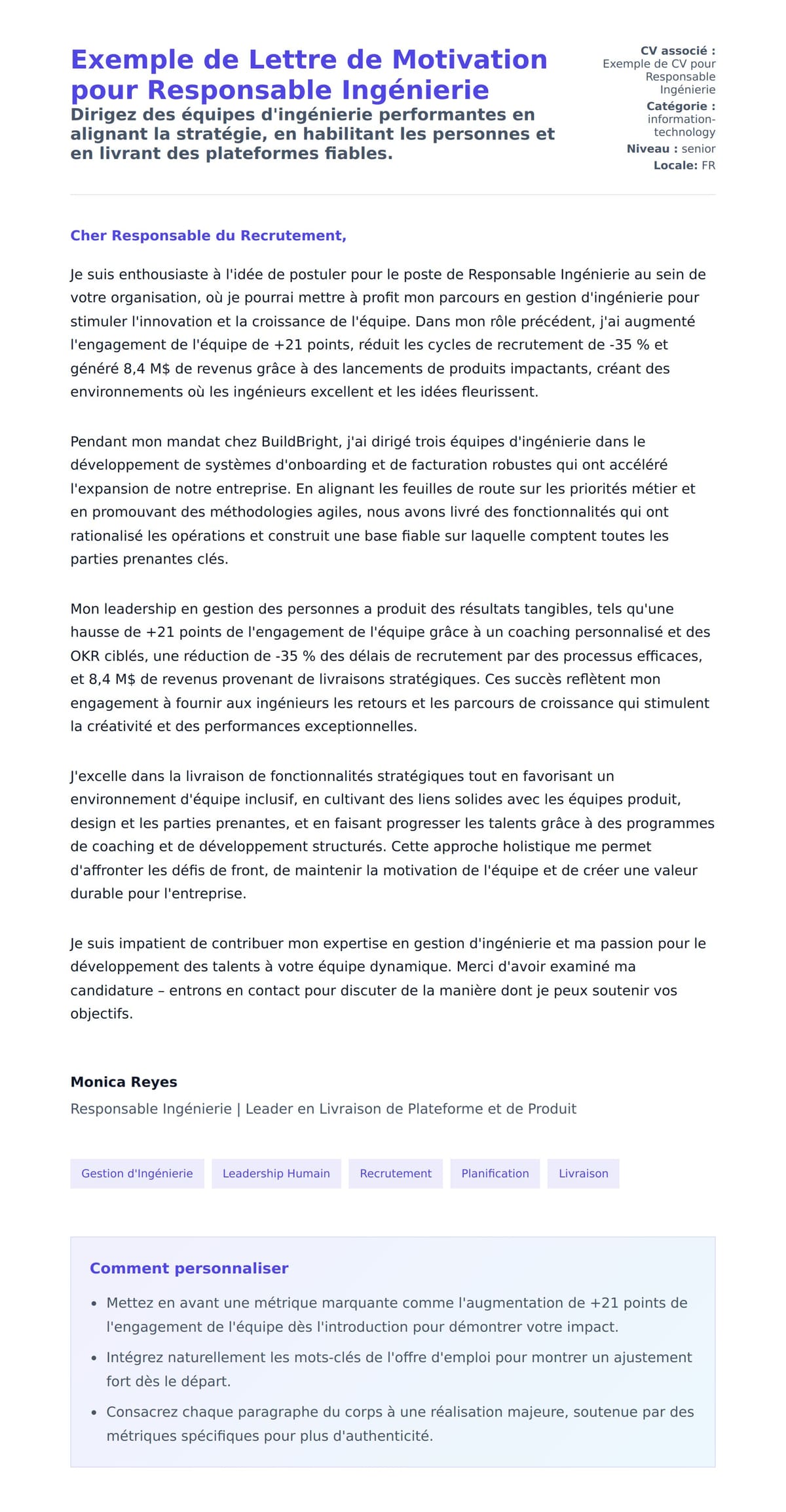 Aperçu de la lettre de motivation pour Exemple de Lettre de Motivation pour Responsable Ingénierie