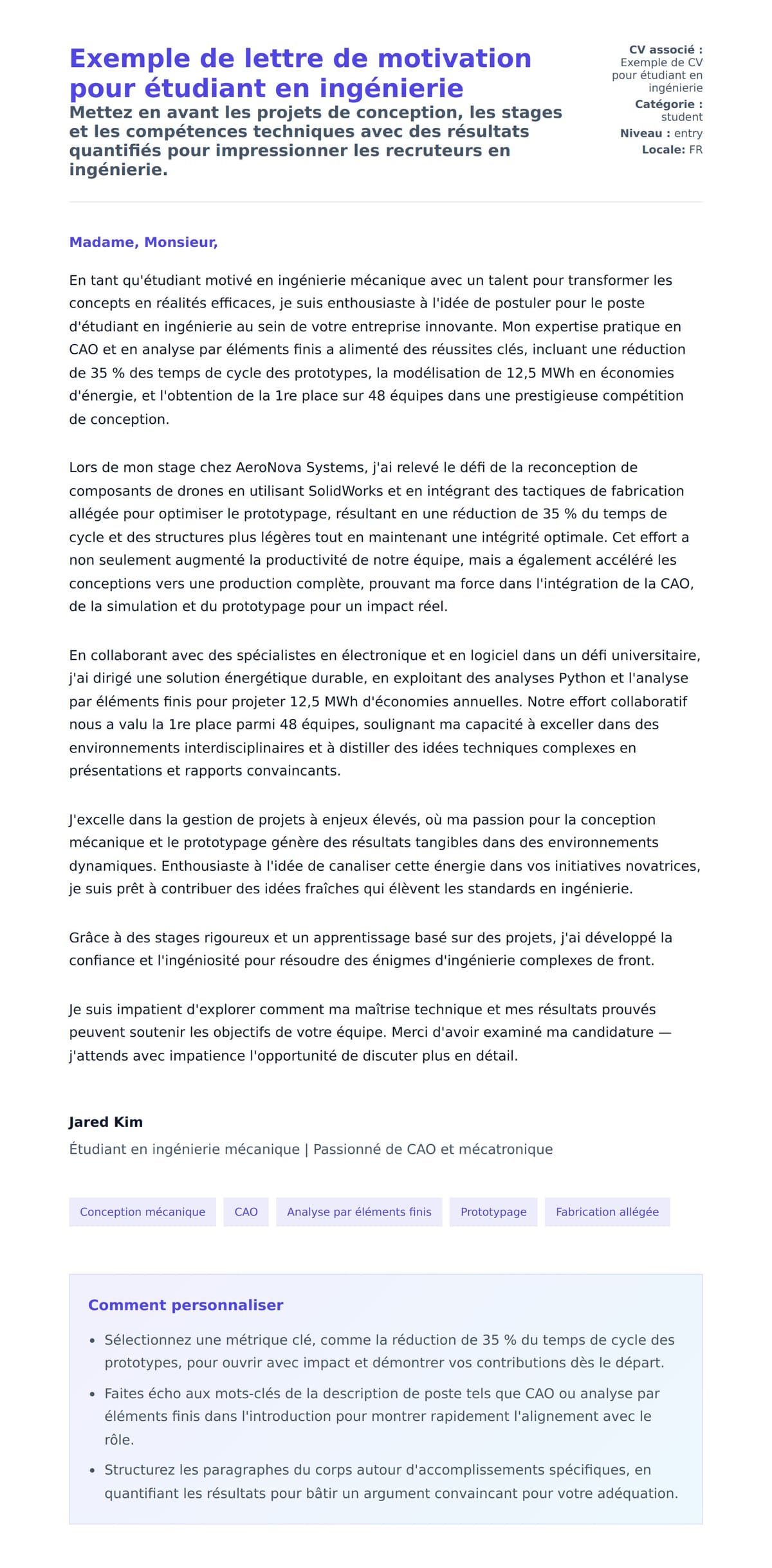 Aperçu de la lettre de motivation pour Exemple de lettre de motivation pour étudiant en ingénierie