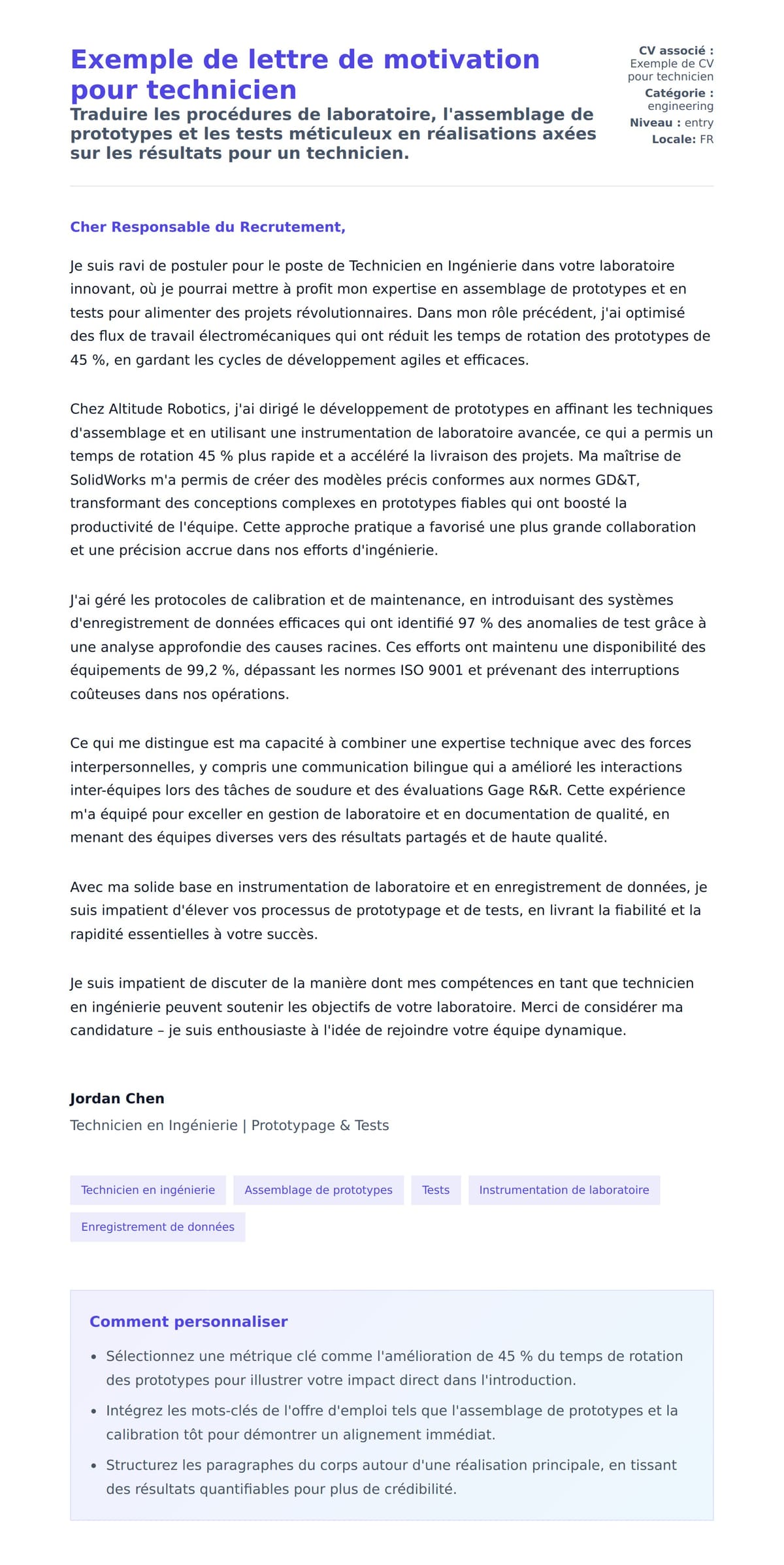 Aperçu de la lettre de motivation pour Exemple de lettre de motivation pour technicien