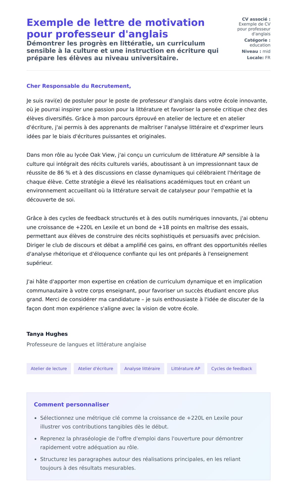 Aperçu de la lettre de motivation pour Exemple de lettre de motivation pour professeur d'anglais