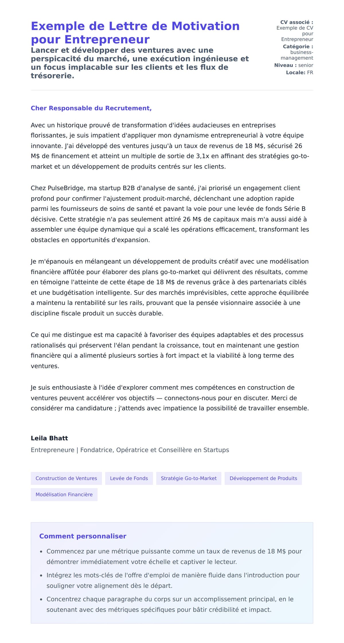Aperçu de la lettre de motivation pour Exemple de Lettre de Motivation pour Entrepreneur
