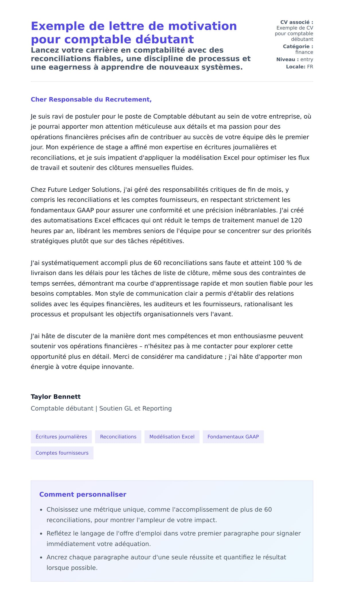 Aperçu de la lettre de motivation pour Exemple de lettre de motivation pour comptable débutant