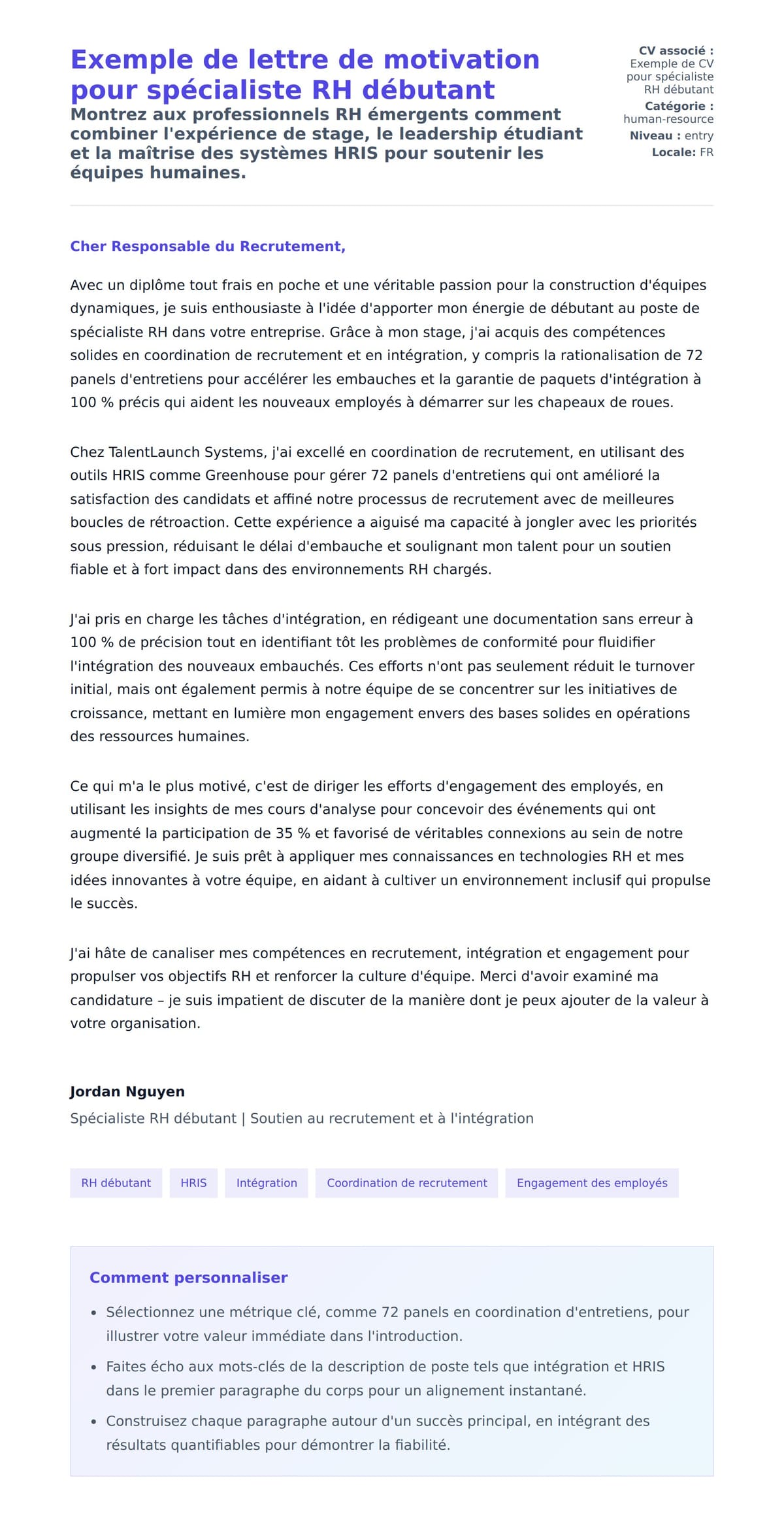 Aperçu de la lettre de motivation pour Exemple de lettre de motivation pour spécialiste RH débutant