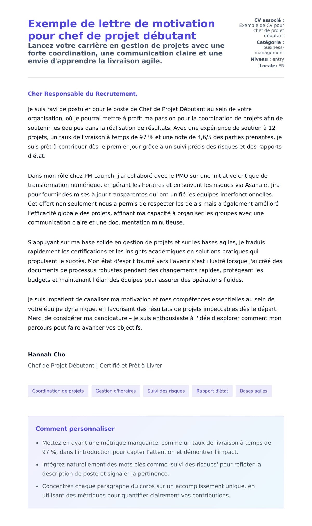 Aperçu de la lettre de motivation pour Exemple de lettre de motivation pour chef de projet débutant