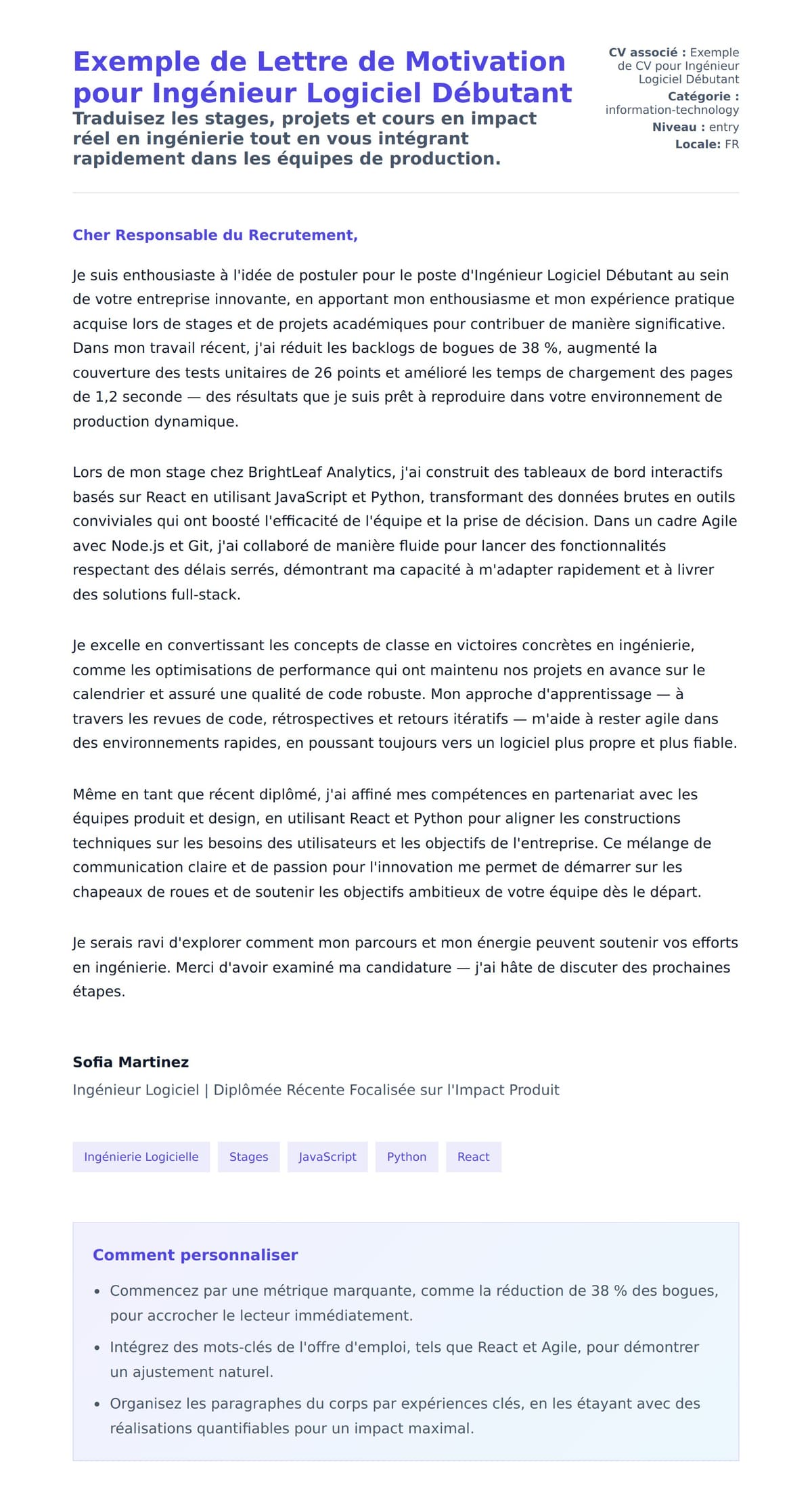 Aperçu de la lettre de motivation pour Exemple de Lettre de Motivation pour Ingénieur Logiciel Débutant