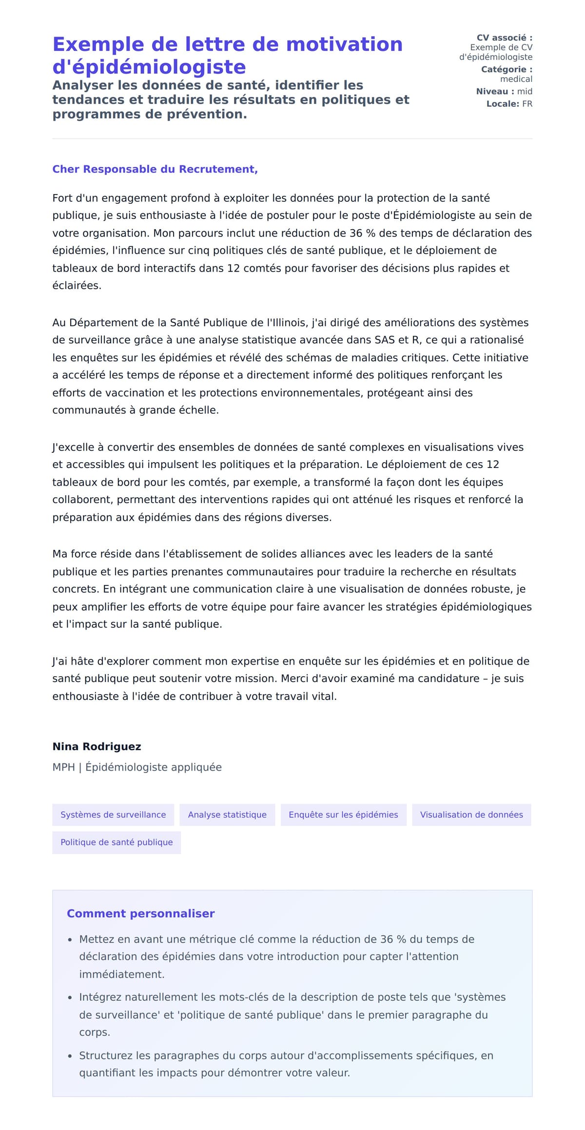 Aperçu de la lettre de motivation pour Exemple de lettre de motivation d'épidémiologiste